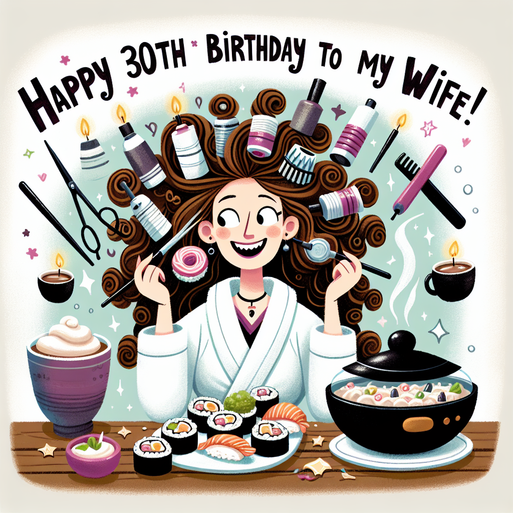 Create a whimsical birthday illustration of a woman with brown curly hair that is mysteriously styled by fantasy-themed hairdressing tools. She is gleefully surrounded by an array of sushi and steaming mugs of hot cocoa. Above her, float the words 'Happy 30th Birthday to my wife' in a delightful font, enhancing the celebratory atmosphere of the scene.
Generated with these themes: Happy 30th Birthday to my wife , Woman with brown curly wavy hair, Hairdresser , Hairdressing , Harry Potter magic, Sushi, and Hot chocolate drinks .
Made with ❤️ by AI.