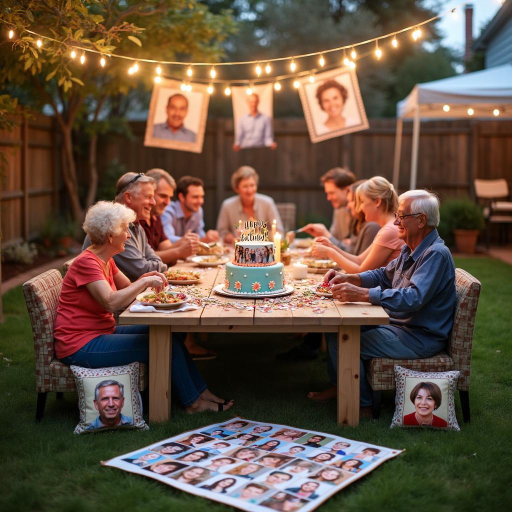 The scene unfolds in a casual backyard setting adorned with string lights casting a warm glow over the smiling faces of family members. In the center, a large wooden table is laden with dishes that suggest a potluck-style meal. At one end of the table, a two-tiered cake decorated with edible photo toppers depicting the birthday person's most cherished family moments commands attention. Surrounding the cake are handmade confetti that looks like tiny frames around more family photos. Each chair around the table has a cushion with a realistic print of the birthday person's face, creating a humorous and endearing effect. On the grass lies a customized family trivia board game, with questions based on the family's history and inside jokes. Banners with amusing, realistic caricatures of each family member hang from the trees, complementing the upbeat ambiance of the celebration.
Generated with these themes: They like spending time with family .
Made with ❤️ by AI.