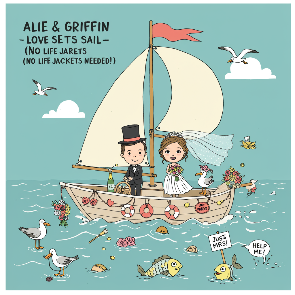 **Image Prompt:**  
At the top of the vector image, add the line: *“Alie & Griffin — Love Sets Sail (No Life Jackets Needed!)”*

**Visual Elements:**  
- A quirky, cartoon-style sailboat on calm ocean waters, shaped like a giant wedding cake with layers.  
- The sail is a lacy veil blowing in the breeze, and two little cartoon versions of Alie & Griffin (with exaggerated features, big smiles) are captaining the boat in full wedding attire—Griffin in a top hat and Alie in a billowing dress that keeps flopping over the controls.  
- The ocean is littered with floating champagne bottles, tossed bouquet flowers, and little “Just Married” life preservers.  
- Seagulls are carrying streamers and “Mr. & Mrs.” signs in their beaks, while a fish pops out of the water holding a “Help me!” sign for added absurdity.  
- A tin-can trail is floating behind the boat, bobbing comically in the wake.  
- Bright pastel colors, simple vector shapes with thick outlines, playful mood.

Perfect blend of romance and cheeky sea-bound humor for a fun wedding-themed card image!
Generated with these themes: Sailboat .
Made with ❤️ by AI.