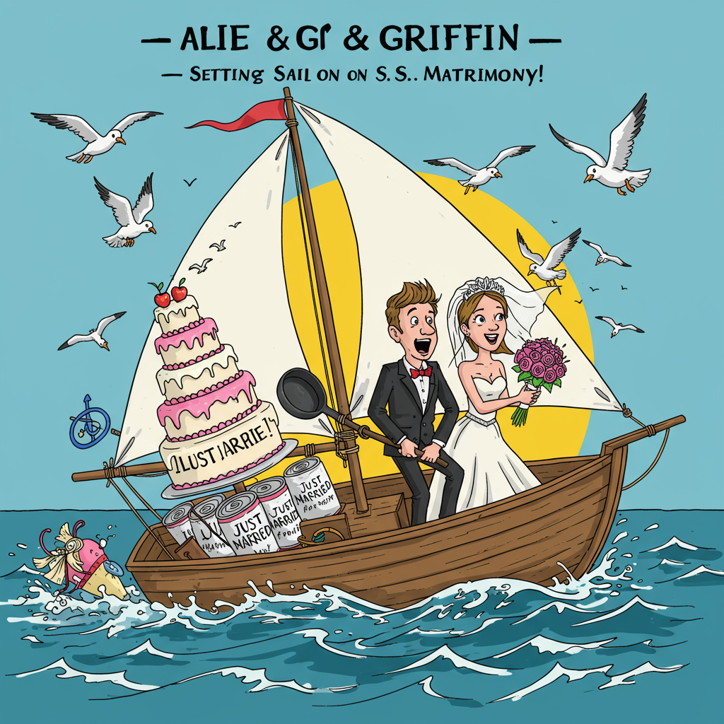 At the top of the vector image: "Alie & Griffin — Setting Sail on the S.S. Matrimony!"

Image prompt:  
A funny, brightly-colored vector illustration of a just-married couple (Alie & Griffin) sailing off into the sunset on a tiny sailboat comically overloaded with wedding essentials — a tiered cake strapped to the mast, “Just Married” cans dragging behind, doves flapping in panic, and the groom holding a bouquet while the bride tries to steer with a frying pan. Seagulls laugh from above, and the sea forms a subtle heart shape in the waves behind the boat. The vibe is joyful, cheeky, and full of nautical wedding pun.
Generated with these themes: Sailboat .
Made with ❤️ by AI.