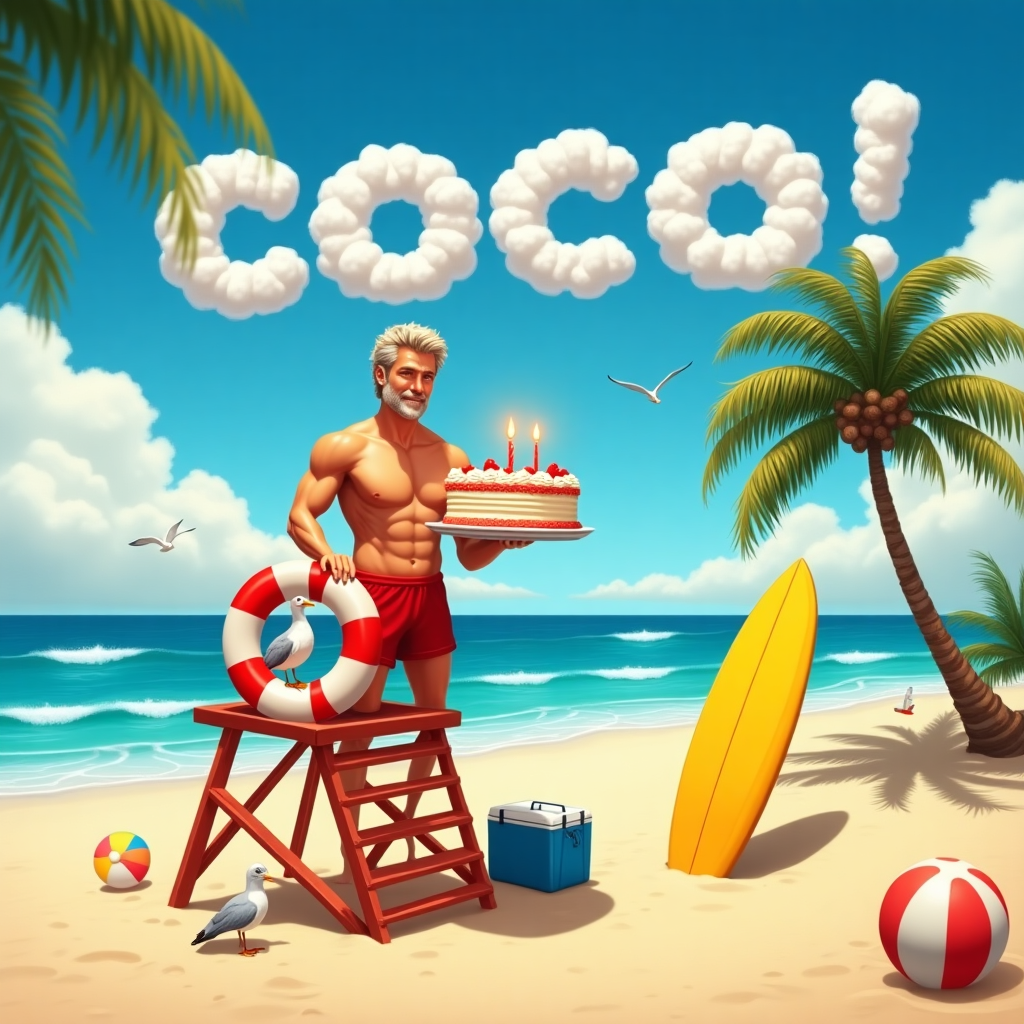 The front cover of the greeting card features a realistic, humorous photograph-style scene set on a sunlit beach reminiscent of a 'Baywatch' episode. In the foreground, a lifeguard tower, painted in bold red and white stripes, stands prominently. 

On the tower, David Hasselhoff, wearing his iconic red swim trunks, is holding a whimsical birthday cake shaped like a life preserver. The cake has intricate frosting details, with white and red bands and a single candle flickering at the top. 

Nestled in the sand beside him is a cheeky seagull, its beak open as if squawking for cake. The sandy beach is dotted with colorful beach balls and a vintage blue cooler half-buried in the sand. 

In the background, gentle ocean waves roll towards the shore, their foam catching the golden sunlight. The sky above is a flawless azure, with fluffy, cotton-like clouds lazily drifting by. Across one of these clouds, the word "COCO!" is spelled out in skywriting, each letter large and puffed as if made from the clouds themselves. 

To the side, a palm tree leans slightly with coconuts hanging, casting a long shadow over a vivid yellow surfboard that rests against its trunk. This scene is full of visual charm, inviting viewers to bask in its delightful, sun-soaked details.
Generated with these themes: david hasslehoff.
Made with ❤️ by AI.