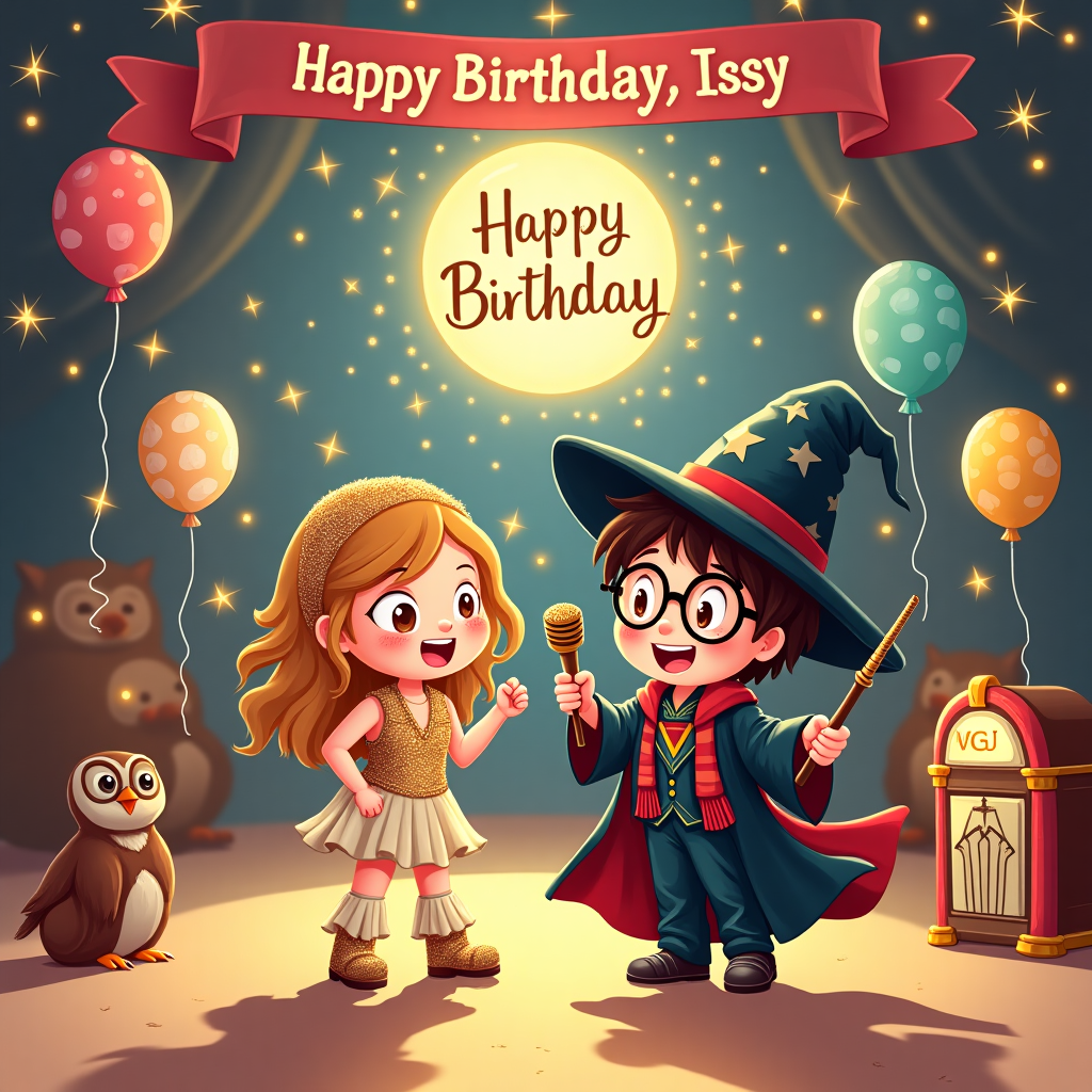 At the top of the illustration image: 🎶 “Mamma Mia, here we glow again – Happy Birthday, Issy!” 🧙‍♀️✨

Image Prompt:  
An adorable illustration featuring two cartoon best friends—one styled as a disco diva in glittery ABBA-inspired 70s gear (platform boots, flared jumpsuit, and sparkly microphone), and the other dressed as a quirky young wizard in Hogwarts robes and round glasses. They’re joyfully dancing in a magical Great Hall-meets-disco ballroom mashup. Floating above them are shimmering disco balls and levitating chocolate frogs. The ABBA-inspired character waves a wand shaped like a glittering microphone, casting confetti charms everywhere, while the wizard conjures a glitter spell that writes "Happy Birthday" in sparkling stars across the ceiling. Behind them, a banner reads: “Best Friends Forever, Magic & Music Edition!” Balloons shaped like owls and records float through the scene, while an enchanted jukebox plays glittery spells. The overall mood is heartwarming, sparkly, whimsical, and undeniably cute.
Generated with these themes: Abba, Harry Potter , Best friends , and .
Made with ❤️ by AI.