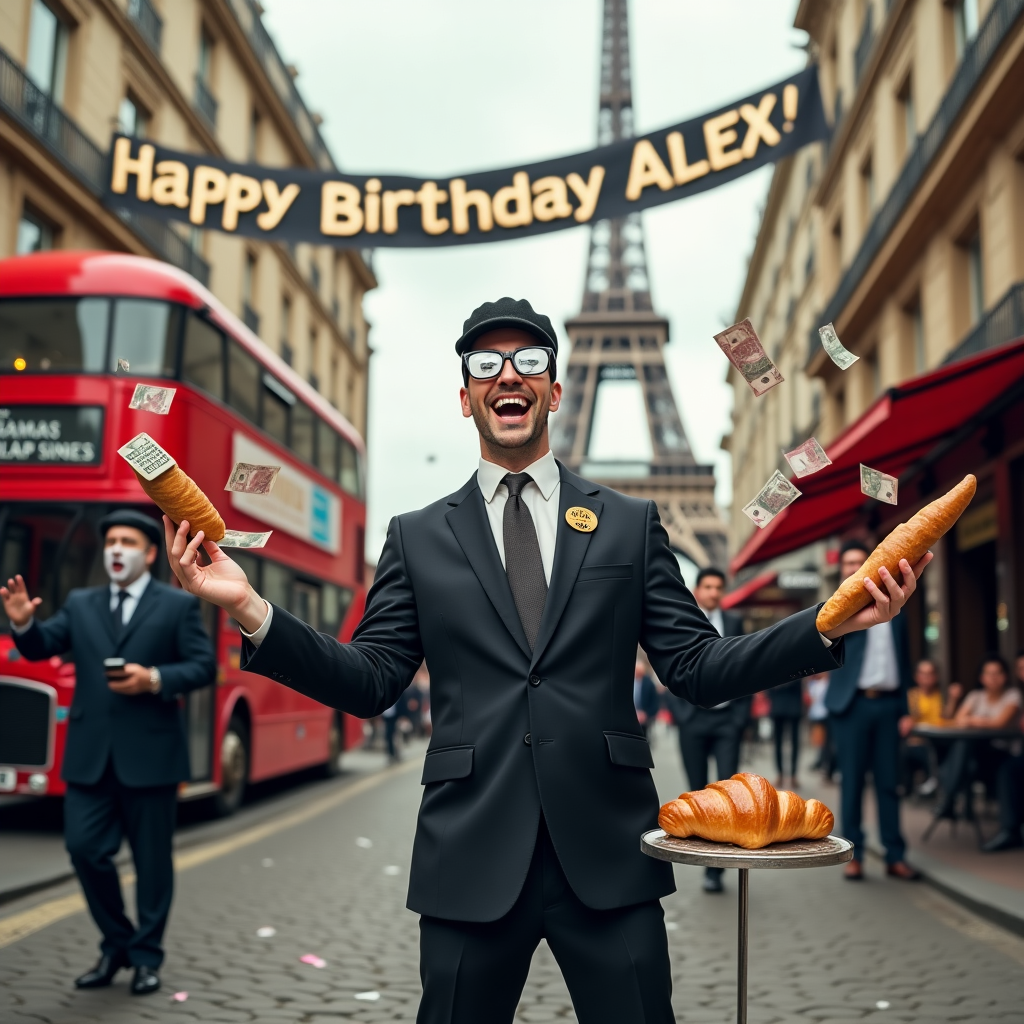 **Prompt:**  

A realistic, humorous photograph of a man in his 30s—clearly an accountant—named "Alex" (his name embroidered on a small badge), wearing a business suit and calculator-shaped glasses. He’s dramatically acting on a cobblestone street in Paris, with the Eiffel Tower behind him and Big Ben visible across the street like it magically popped into Paris. Alex is striking a theatrical pose, holding a baguette in one hand like a microphone, while throwing British pounds and Euro bills in the air. A tiny beret sits on his head at a silly angle, and behind him, a banner strung between a red double-decker bus and a French café reads “Happy Birthday Alex!” in gold letters. A group of mimes, bankers, and street performers cheer and pop confetti as a croissant-shaped cake sits on a calculator-shaped table. The overall mood is celebratory, quirky, and fun.
Generated with these themes: Accountant called alex, Happy birthday, France, London, Acting, Money, and Celebrating .
Made with ❤️ by AI.