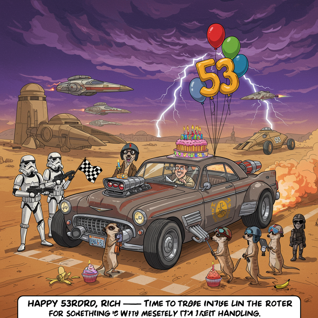 **At the top of the cartoon image:**  
"Happy 53rd, Rich — Time to trade in the Landspeeder for something with meerkat handling!"

**Image Prompt:**  
A zany cartoon street scene on a desert planet, part Mad Max, part Tatooine. Rich (as a cartoon character) is sitting in a suped-up hot rod styled like a classic 1950s car, but with Star Wars mods—X-wing thrusters and Stormtrooper detailing. He's revving the engine at a starting line.

Around the car are five ridiculously excited meerkats wearing little Rebel Alliance helmets and aviators, one waving a checkered flag, others taking selfies or pretending to polish the tires.

Beside them stands a pair of disgruntled Stormtroopers trying to write Rich a parking ticket, one of them slipping on a banana peel from a birthday cupcake left on the hood.

Balloons shaped like “53” are tangled in a lightsaber streetlamp overhead. The sky is purple and swirly with a dramatic comic-style thundercloud shooting lightning shaped like tiny racing flags. In the background, sandcrawlers with go-faster stripes and fuzzy dice in the windows zoom by.  

Cartoonish chaos, intergalactic humour, and birthday horsepower!
Generated with these themes: Cars, Stormtroopers, Meerkats, and 53.
Made with ❤️ by AI.
