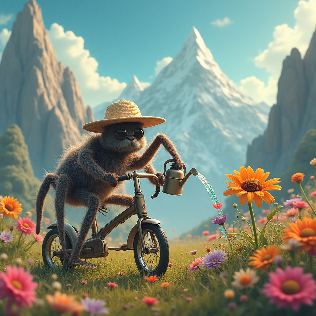 At the top of the Surreal Style image, include the text: **Happy Birthday Lisa**

---

**Image Description:**

In a whimsical, dreamlike landscape, towering mountains loom in the background, their peaks bending and swirling as if caught in a cosmic dance. Nestled among these majestic mountains is a peculiar scene—a giant spider pedaling a tricycle. Its many legs elegantly maneuver the pedals while its eyes twinkle with mischief.

The spider wears a gardener’s sunhat, comically oversized, perched atop its fuzzy head. Clutched in one of its legs is a tiny watering can, from which rainbow-colored water pours onto a patch of flowers that seem to float in mid-air. These flowers have faces, smiling and singing a birthday tune as they bloom in impossible hues.

The ethereal lighting casts playful shadows, giving everything a liquid, melting appearance, reminiscent of Dali's surreal worlds. A single, cheeky line of text below the scene reads: "Pedal, petal, it's your day to bloom!" 

This image captures the essence of a fantastical birthday adventure, where the ordinary becomes extraordinary in a landscape where anything can happen.
Generated with these themes: Mountains, Spider Tricycle, Gardening, and .
Made with ❤️ by AI.