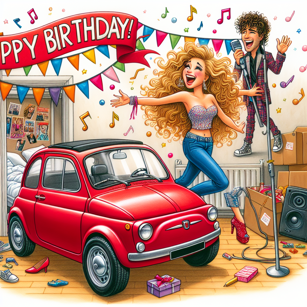 A whimsical cartoon scene depicting a birthday celebration unfolds. A Caucasian girl with flowing blonde hair is joyously driving a cherry red Fiat 500. She's holding a microphone and singing songs with great gusto, capturing the flair of Musical Theatre. Above her, a 'Happy Birthday' sign dances in the air, fluttering with vibrant colors. Adding a touch of pop culture allure, a charming male pop star with curly hair and fashionable attire stands in the scene. In the background, a depiction of a messy student accommodation adds a humorous and relatable touch to the celebrations.
Generated with these themes: Girl with long blonde hair driving a red Fiat 500 whilst singing in a microphone, Musical Theatre, Happy Birthday sign, Harry Styles, and Messy student accommodation.
Made with ❤️ by AI.