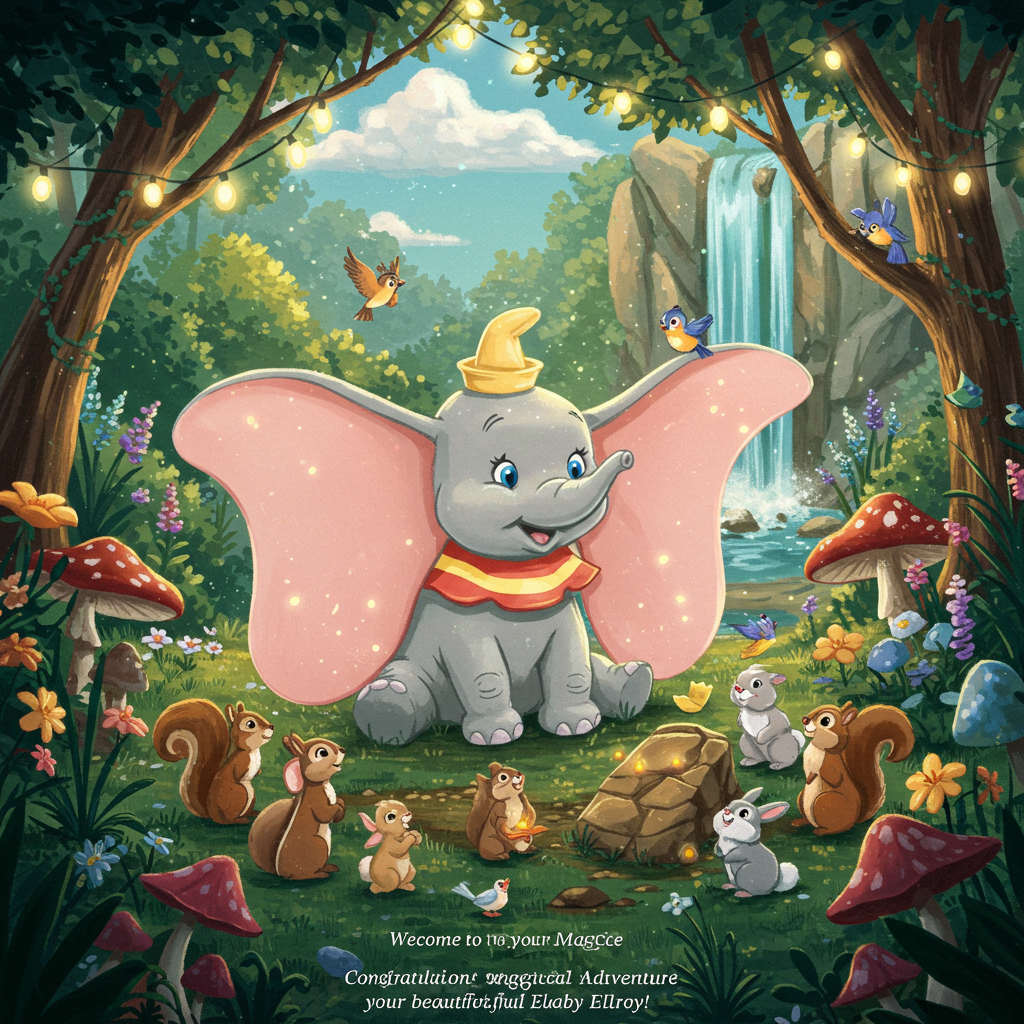 At the bottom of the Illustration Style image, "Congratulations Raech on the birth of your beautiful baby girl Ellroy!"

**Image Description:**

Create a magical, Disney-inspired scene that bursts with charm and warmth, perfect for welcoming a new baby. Picture a hand-drawn illustration with a gentle, whimsical atmosphere. The center of the image features an adorable baby elephant with oversized ears and twinkling eyes, reminiscent of Dumbo, sitting joyfully in a lush, enchanted forest. Surrounding the elephant, a variety of colorful woodland creatures—playful squirrels, curious bunnies, and friendly birds—gather in celebration.

The forest is filled with vibrant flowers, glowing mushrooms, and twinkling fairy lights, casting a soft, warm glow. A gentle waterfall cascades in the background, its soothing sound suggested through the imagery. In the sky above, a cluster of fluffy clouds forms the shape of a heart, symbolizing love and new beginnings.

In a small, artistic font near the bottom, the text "Welcome to Your Magical Adventure, Ellroy!" is playfully incorporated, adding an extra touch of enchantment to this delightful scene.
Generated with these themes: Disney, and .
Made with ❤️ by AI.