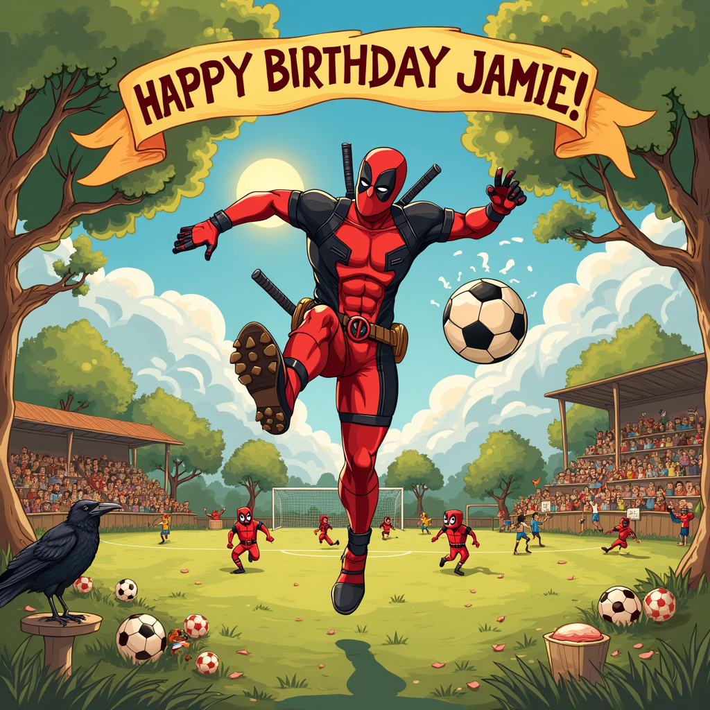 Imagine a sun-drenched soccer field nestled in a whimsical, cartoonish landscape reminiscent of Norman Rockwell's small-town America, with a dash of Quentin Blake's lively character sketches. In the foreground, Deadpool, decked out in his iconic red and black suit, is caught mid-action, performing an extravagant bicycle kick. His face, visible through his mask, sports an exaggerated, gleeful grin, and his legs are comically over-extended.

In the background, an eclectic crowd of cheering fans fills the rustic wooden bleachers, which are adorned with bright banners. One large banner, whimsically hand-painted and fluttering in the breeze, reads "Happy Birthday Jamie!" in vibrant, quirky letters, the style echoing Beatrix Potter’s charmingly simple text illustrations. The banner is held up by two friendly, anthropomorphic soccer balls with googly eyes and cartoonish expressions, reminiscent of Maurice Sendak's endearing creatures.

Flanking the field are whimsical, twisted trees inspired by Arthur Rackham’s fantastical style, their branches forming a natural frame around the scene. The trees' leaves are oddly shaped, resembling mini soccer balls, a nod to the birthday theme. To the left, there's a quirky cake stand, and upon closer inspection, the soccer balls in the trees spell out "Jamie" in a playful, hidden manner.

Above, fluffy clouds shaped like soccer cleats drift lazily across a vibrant blue sky, with the sun peeking through in a Maxfield Parrish-inspired golden glow. In one of the clouds, the word "Jamie" subtly appears, cleverly blended into the cloud’s texture. Perched on the goalpost, a mischievous raven, inspired by Edward Gorey's darker, more humorous illustrations, wears a tiny Deadpool mask, adding a touch of quirky humor.

Scattered on the sidelines, little woodland creatures, drawn in the style of Beatrix Potter, engage in their mini soccer games, wearing tiny Deadpool-themed jerseys, bringing a sense of liveliness and enchantment to the scene. Overall, the card front is a dynamic, humorous birthday celebration merging Deadpool's irreverence with the playful spirit of a soccer match, all while warmly acknowledging Jamie in multiple creative ways.
Generated with these themes: Deadpool, and Soccer.
Made with ❤️ by AI.