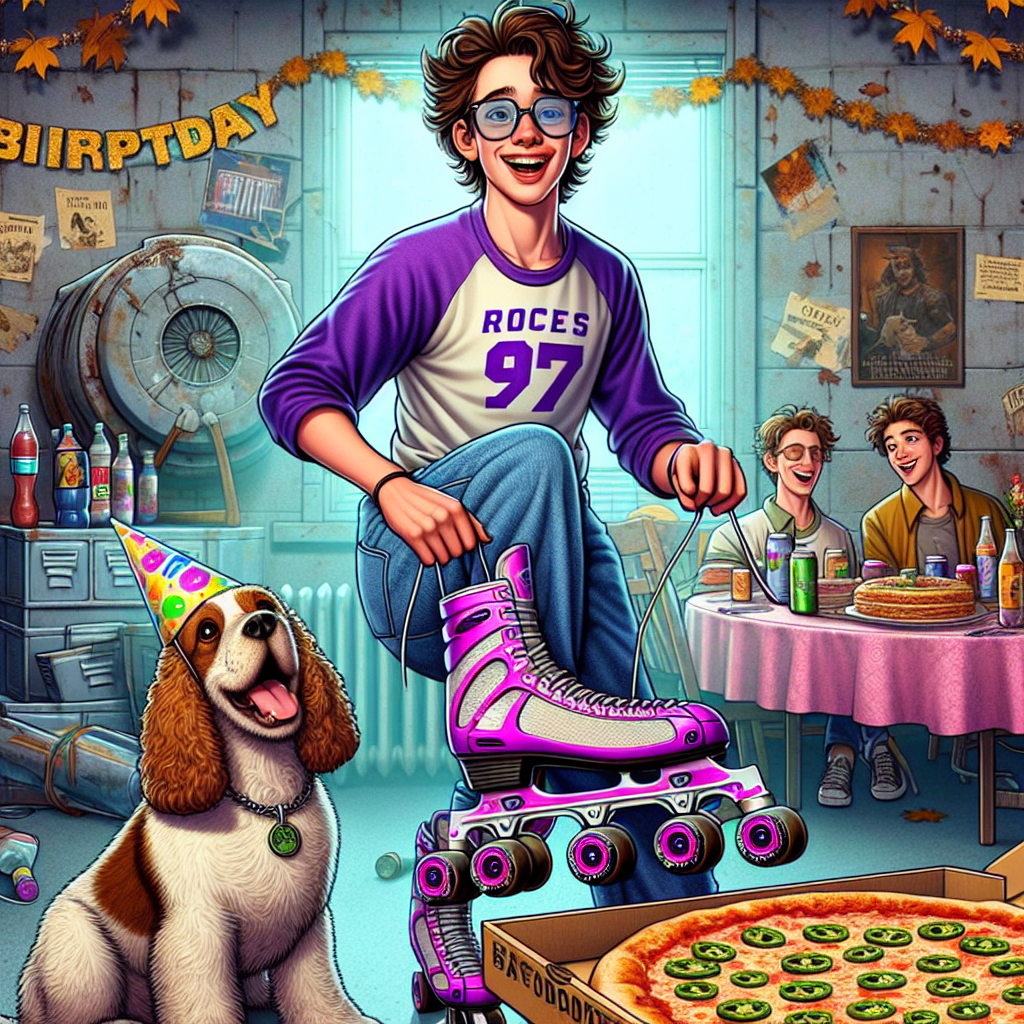 Imagine a dynamic and jovial birthday-themed animated background. It prominently features a tall, Caucasian teenage boy with messy brown curls and spectacles. He is grinning from ear to ear while he ties up his purple and pink Roces inline skates. His baggy denim pants contribute to the laid-back, cartoonish atmosphere. Excitedly waiting for food is a pudgy brown and white cocker spaniel who happens to be adorned with a festive hat. It's salivating at the sight of an immense birthday pizza garnished with jalapeños. The backdrop subtly hints at a post-apocalyptic scene with vault-like decorations and soda bottles strewn around a table filled with food, all set against autumn-toned aesthetics.
Generated with these themes: Chocolate brown and white cocker spaniel, Roces purple and pink inline skates, Jalapeños, Food, Fallout game, and Tall teenage boy with brown curly hair wearing baggy jeans and glasses.
Made with ❤️ by AI.