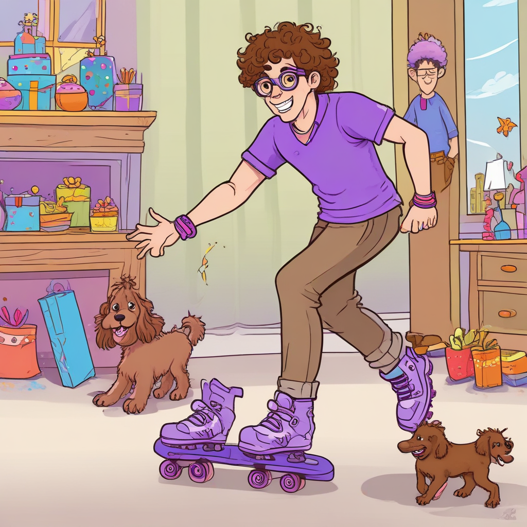 Cartoon Funny, Visualize an amusing cartoon scenario unfolding at a birthday party during the Fall season. Featured is a tall Caucasian teenager boy with curly brown hair and glasses, hilariously trying to balance on vibrant Roces purple and pink inline skates. His pet cocker spaniel, coated in a blend of chocolate brown and white, is behind him with a playful glint, and seeming to revel in his human friend's predicament. An array of distinct elements accentuates their surroundings: pieces of a cake spiced with jalapeños, various foods, and video game keepsakes that are symbolic of the classic Fallout series. The surrounding scene should exude the warm hues typical of an Autumn season celebration.
Generated with these themes: Chocolate brown and white cocker spaniel, Roces purple and pink inline skates, Jalapeños, Food, Fallout game, and Tall teenage boy with brown curly hair wearing baggy jeans and glasses.
Made with ❤️ by AI.