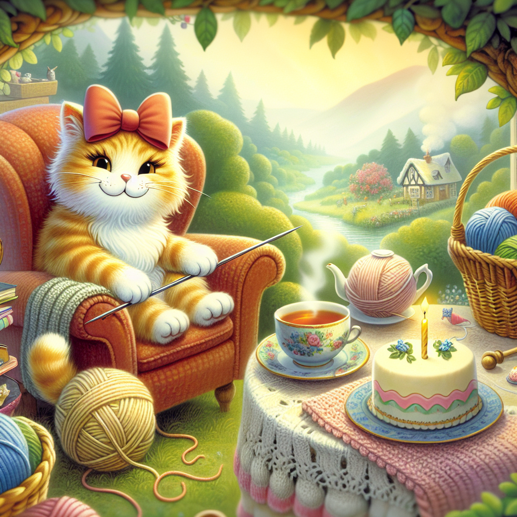 Ginger cat, Alice in wonderland, and Knitting Birthday Card