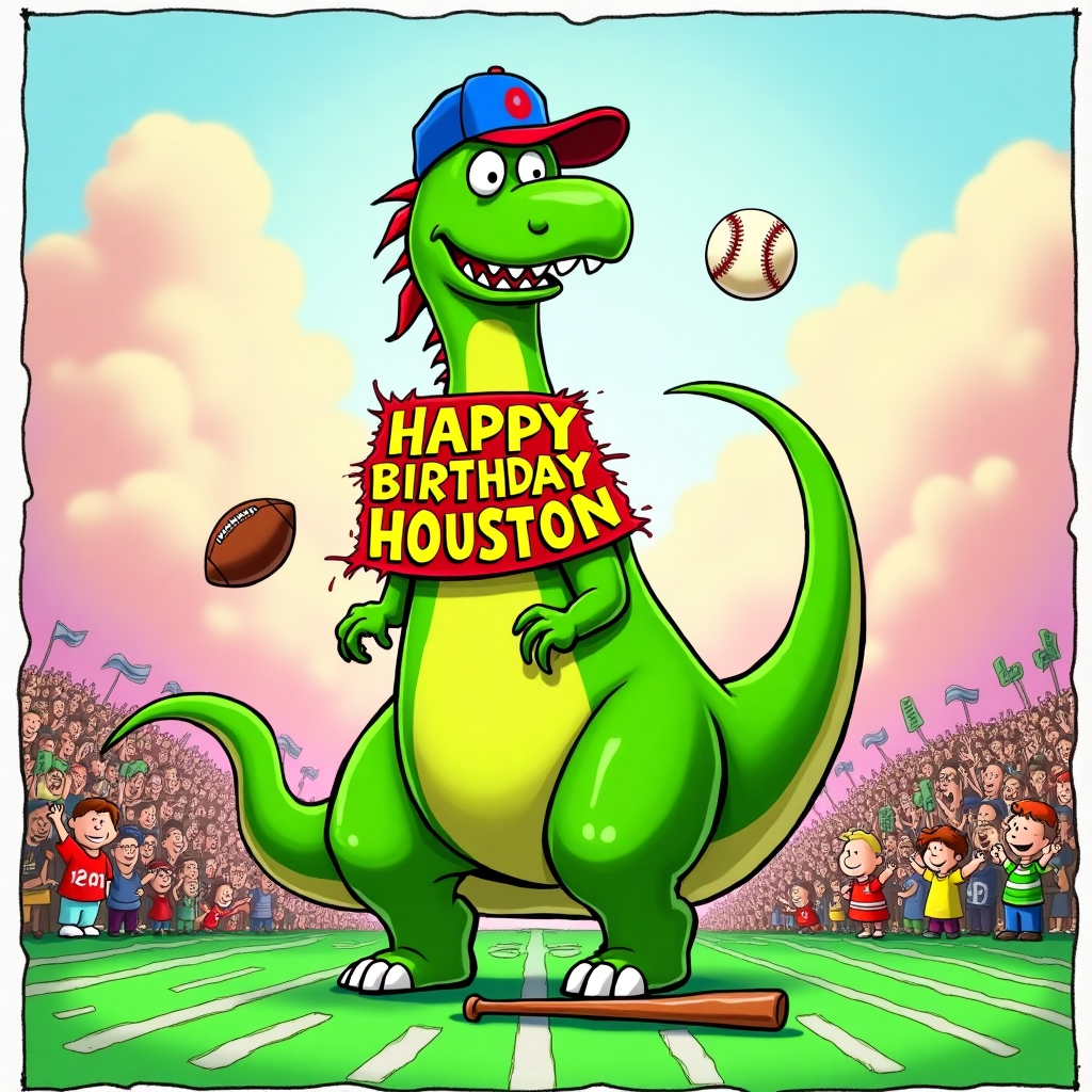 The front cover of the greeting card bursts into view with a vibrant, cartoon-style scene full of whimsy and exaggeration. A towering, bright green dinosaur stands center stage, its gigantic feet stomping on a sprawling football field. The dinosaur, with googly eyes and a toothy grin, is adorned with a comically tiny blue and red baseball cap perched atop its head, reminiscent of a scene straight out of Gary Larson's playful imagination.

Around the dinosaur's neck, a banner is comically draped, reading "Happy Birthday Houston" in bold, cheerful yellow letters with a red outline, as if the letters themselves are celebrating the occasion. The letters have a bouncy, animated quality, almost as if they’re dancing in the breeze.

To the left of the dinosaur, a football spins mid-air with exaggerated speed lines, while on the right, a baseball bat, appearing oversized compared to the dinosaur’s tiny arms, lies humorously at its feet. The baseball itself hovers in the air, seemingly defying gravity, casting a comical shadow on the ground.

The background is a pastel explosion, featuring a sky painted with soft pinks and purples reminiscent of a sunset, transitioning into a vibrant green that matches the dinosaur’s skin, creating a seamless flow across the card. The ground is a checkerboard of grassy greens and chalk-white lines, depicting a field that serves as the dinosaur's playful playground.

In the background, tiny, cartoonish spectators, resembling a mix of Schulz's Peanuts gang and Eisner’s animated figures, cheer wildly with exaggerated expressions, some holding oversized foam fingers pointing skyward, their colors a palette of reds, yellows, and blues.

The entire scene is framed with a subtle comic book panel edge, giving a nod to the classics of Watterson and Eisner, creating a dynamic, whimsical scene that captures the chaos and fun of a birthday celebrated through the quirky antics of a football-playing, baseball-loving dinosaur.
Generated with these themes: Dinosaur, football, baseball, green.
Made with ❤️ by AI.