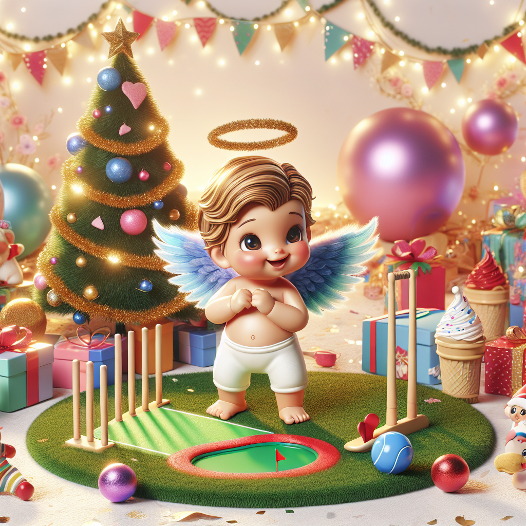 Depict an animated festive birthday party scene. The focus of the image is a cheerful baby with delicate wings, evoking a cherubic appearance. Surrounding the baby are toys - to one side is a miniature cricket set and on the other, a colourful small golf course layout complete with bright flags. Scattered around are holiday-themed decorations, including an ornately decorated holiday tree glowing with lights and ornaments, that and blend into the background, creating an ambiance of joy and celebration.
Generated with these themes: Golf, Cricket, Holidays, Wings, and Baby.
Made with ❤️ by AI.