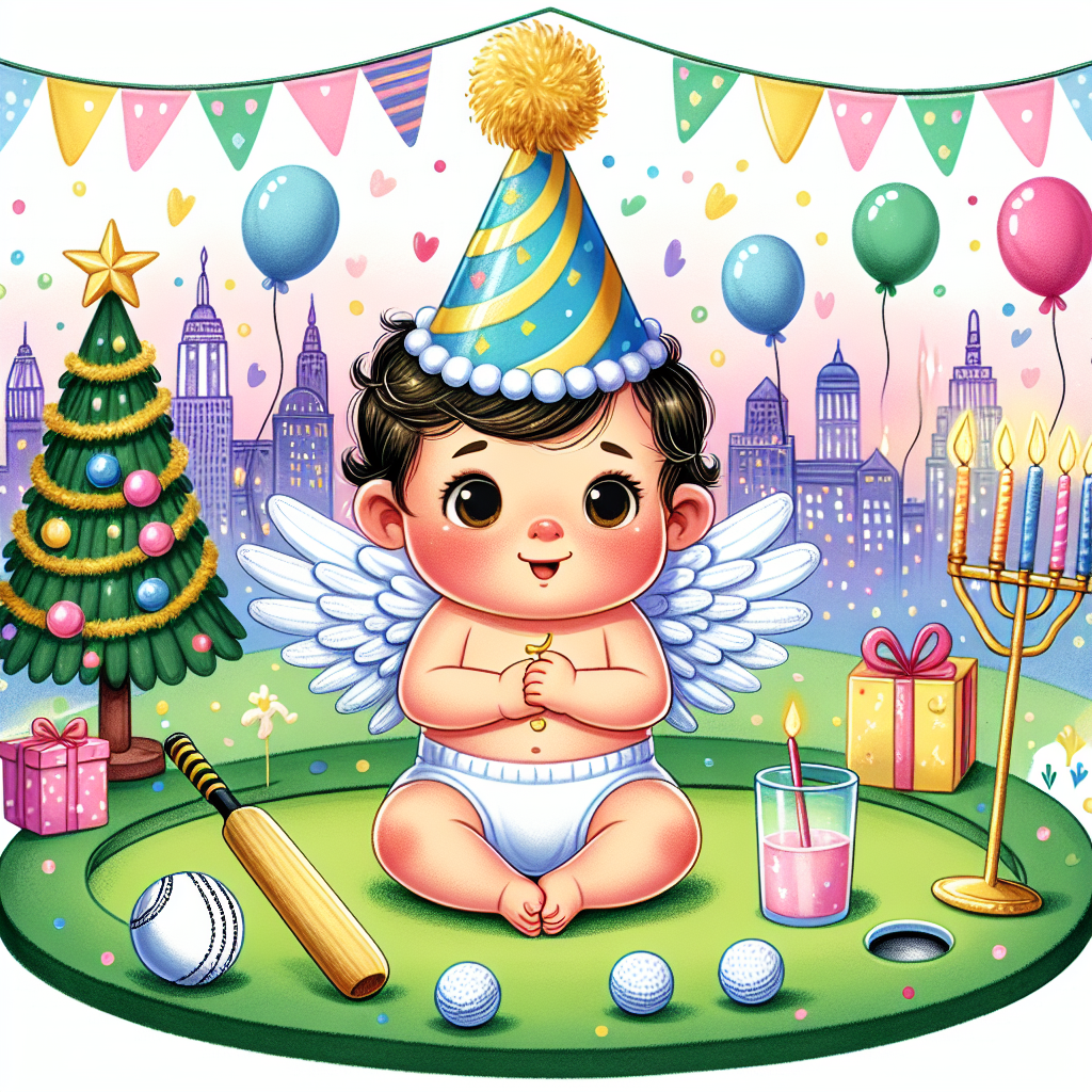 Illustrate a charming birthday scene with a centerpiece of a Hispanic baby wearing a party hat equipped with small wings, akin to a tiny angel. The baby is surrounded by a pint-sized golf course dabbled with vibrant flags indicating the holes and nearby lies a little cricket bat and ball. The backdrop is saturated with elements city holiday celebrations, featuring a Christmas tree, a menorah, and festive balloons. All these elements should be drawn using a soft, pastel color palette to bring out the adorable essence of the theme.
Generated with these themes: Golf, Cricket, Holidays, Wings, and Baby.
Made with ❤️ by AI.