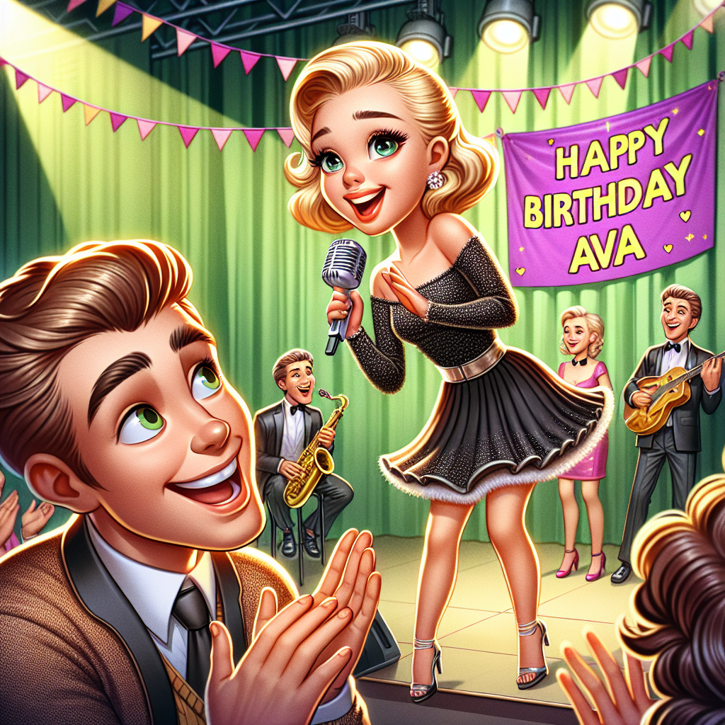 A jubilant cartoon character captures a 19-year-old blonde girl in the middle of a captivating performance on a theatrical stage, her voice lifting the atmosphere with a delightful musical number. In the festive background, a banner reading 'Happy Birthday Ava' sways in rhythm with the music. Amongst the entranced audience, a stylish cartoon character with curly hair and fashionable attire is shown, his face filled with joy as he claps along to the beat of her song.
Generated with these themes: 19 year old blonde haired girl singing musical theatre on a stage, Happy Birthday Ava sign in the background, and Harry Styles.
Made with ❤️ by AI.