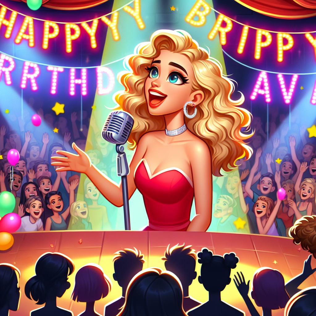 In a cartoon stage setting bursting with vibrant colors, a blonde, 19-year-old Caucasian female is the centerpiece, her voice beautifully executing a range of show tunes, with the spotlight bringing a golden glow to her waving hair. An atmosphere of birthday celebration permeates the scene, underlined by a brilliantly hued sign that jubilantly proclaims 'Happy Birthday Ava'. Looking on from among the excited audience, an anonymous pop star with a charming demeanor and distinctive curly brown hair emanates admiration and adds an exhilarating pop culture vibe to the birthday festivities.
Generated with these themes: 19 year old blonde haired girl singing musical theatre on a stage, Happy Birthday Ava sign in the background, and Harry Styles.
Made with ❤️ by AI.