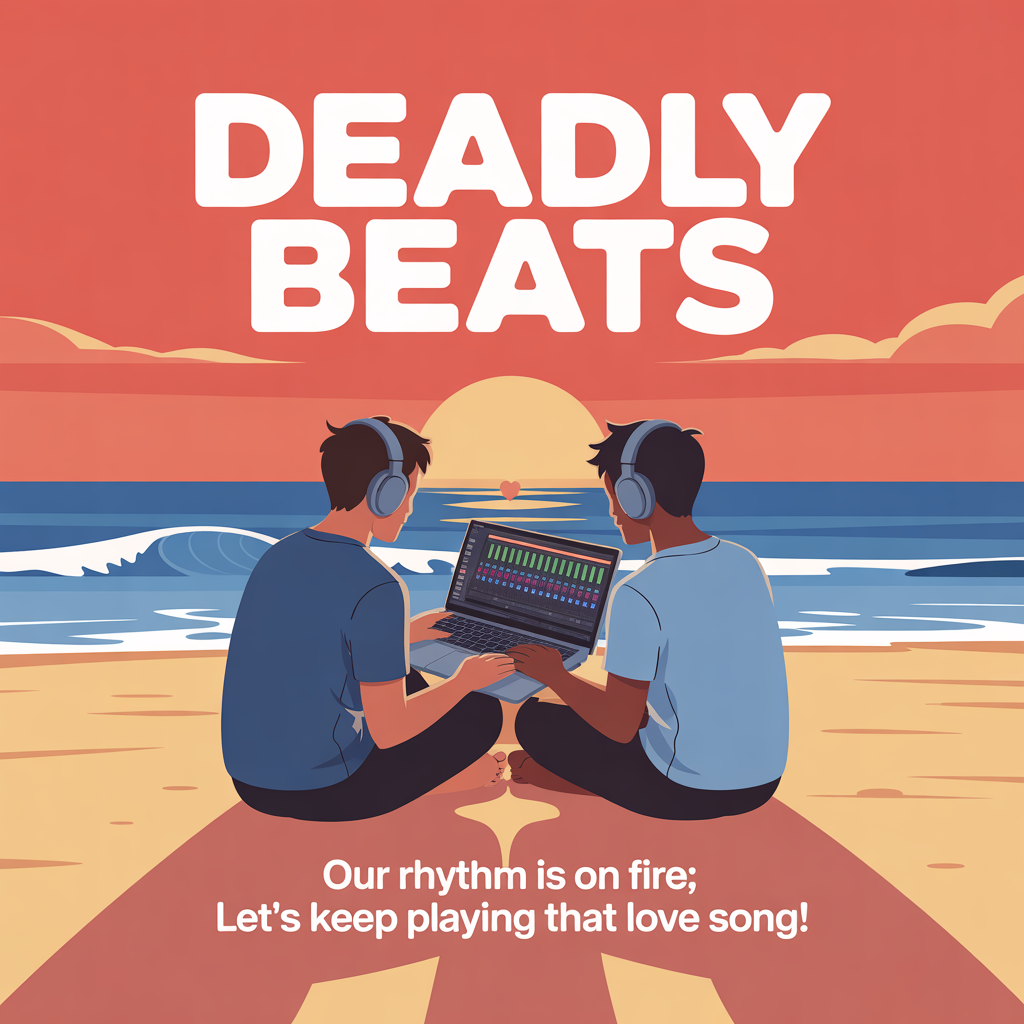 At the top of the image, "Deadly Beats"

At the bottom of the image, "Our rhythm is on fire; let's keep playing that love song!"

- In the center of the image, depict two characters sitting on a sandy beach at sunset. They're using a laptop and headphones, sharing the screen while working on a music production software. Waves crash gently in the background, and the characters' eyes meet, symbolizing a shared vision and budding romantic connection. Solid, bold colors with minimal gradients capture the scene in clean flat-vector style, enhancing the romantic, collaborative atmosphere.
Generated with these themes: Music production , The beach, Networking , Making money, Building potential romantic connection , Sharing the same goals, and .
Made with ❤️ by AI.