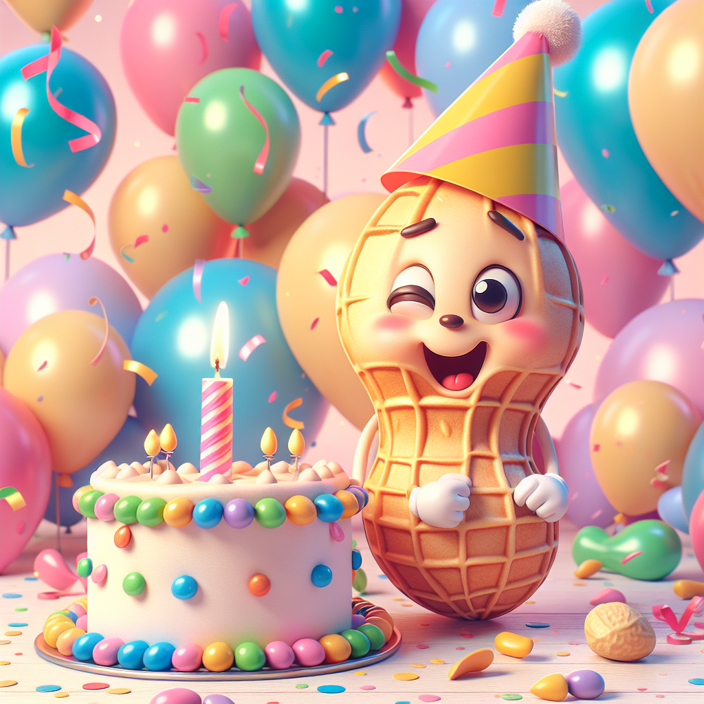 A jovial cartoon celebration scene featuring soft pastel balloons and confetti in the background. The centerpiece is an adorable anthropomorphic peanut wearing a festive party hat and smiling mischievously. Next to it is a small cake crowned with a single candle and decorated with colorful peanut-shaped candies. The scene evokes a sense of birthday cheer with its playful elements.
Generated with these themes: Peanut m&ms.
Made with ❤️ by AI.