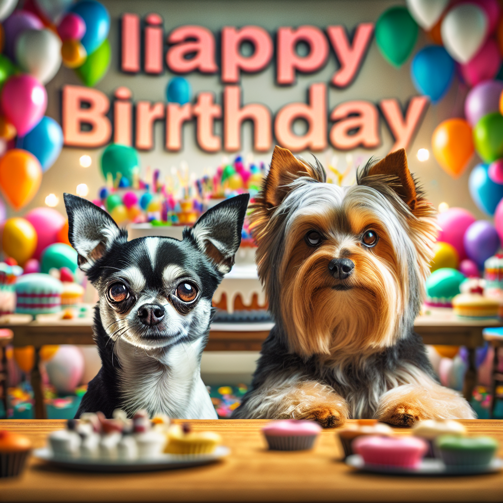 Envision an endearing animated birthday party scene, focusing on two affectionate adult dogs as the centerpiece. To the left, imagine a Chihuahua with a prominent black and white fur, its eyes, in a deep shade of brown, shimmering with thrill and enthusiasm. Next to it, a Yorkshire Terrier, clad in a coat of tan and grey hues, extends the celebratory atmosphere. The background is adorned with a display of colorful balloons and streamers, radiating a joyful birthday aura.
.
Made with ❤️ by AI.