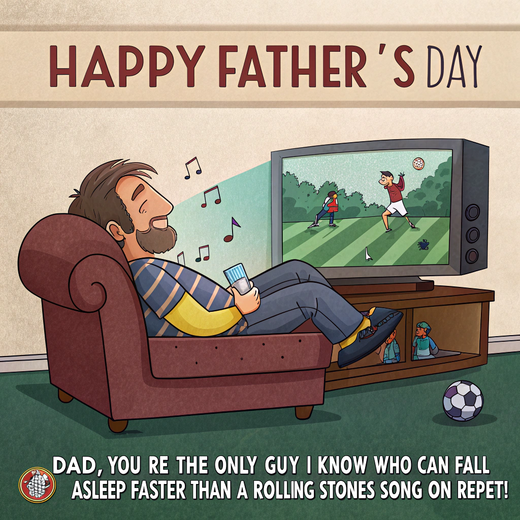 At the top of the image, "Happy Father’s Day"

At the bottom of the image, "Dad, you're the only guy I know who can fall asleep faster than a Rolling Stones song on repeat!"

- In the center of the image, illustrate a whimsical cartoon scene featuring a dad snoozing on a sofa with a TV in front of him. The TV displays a lively sports game, while the dad is slumped back, snoring away. 
- A mini Monty Python-esque cheese wheel character is trying to balance on a ride-on lawn mower in the foreground, looking both amused and puzzled.
- Off to the side, a tiny, exaggerated bonfire flickers humorously, with a Danish flag comically waving atop.
Generated with these themes: Watching sport on tv, falling asleep on sofa, Monty python, Rolling Stones, cheese, ride on lawn mower, lighting bonfires, Denmark, , and .
Made with ❤️ by AI.
