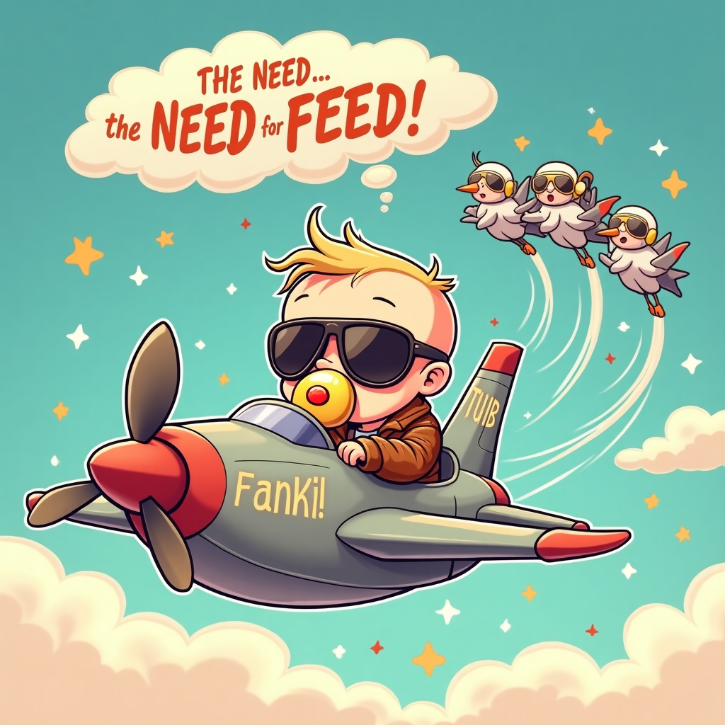 **Prompt:**  
A cartoon baby wearing oversized aviator sunglasses and a tiny leather flight jacket, sitting in a toy fighter jet labeled “TOP BUB.” The baby is dramatically sucking on a pacifier shaped like a missile, with wild, windswept hair like they’ve just flown Mach 3. Behind them, fluffy cartoon clouds trail the words “The Need… the Need for Feed!” in bold, playful letters. In the sky above, stork pilots in helmets and flight suits perform a synchronized flyby, dropping baby bottles instead of bombs. The whole scene bursts with energetic colors, with stars and cartoon jet trails zooming across the background.
Generated with these themes: Something from the movie top gun.
Made with ❤️ by AI.