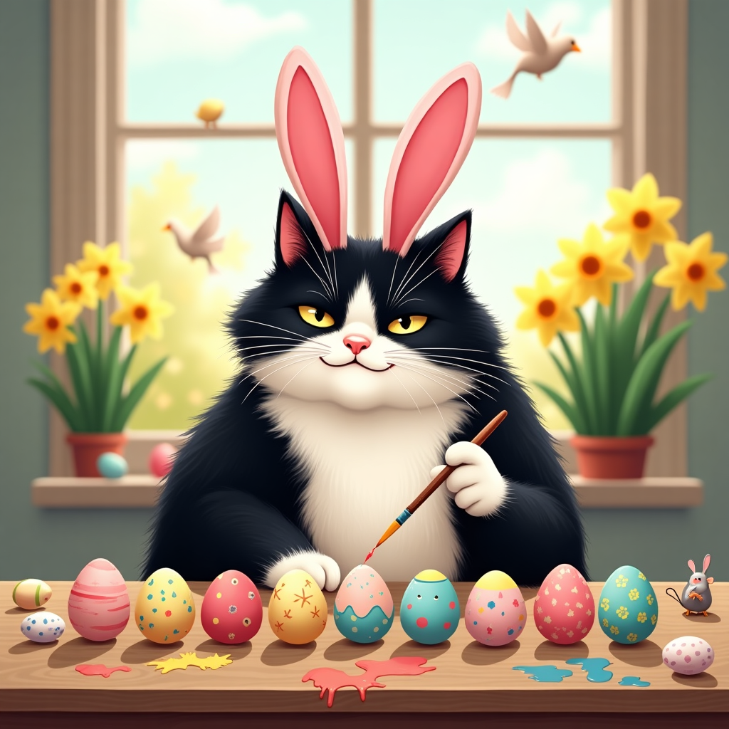**Prompt:**  
A chubby black and white tuxedo cat, comically serious, wearing oversized pink bunny ears that keep slipping over one eye. The cat sits at a cluttered wooden table splattered with pastel paint. It's intently painting a row of Easter eggs with a tiny brush held between its paw pads. Some eggs are decorated beautifully, while others are chaotic masterpieces—one egg is even painted to look like a tiny mouse! A few colorful eggs have rolled off the table and onto the floor. Behind the cat, an open window reveals a sunny spring day with daffodils blooming and birds chuckling mid-flight. The scene oozes mischief and whimsy, in a bright, cheerful illustration style with playful details and soft, springtime colors.
Generated with these themes: Fat black and white cat wearing bunny ears and painting coloured easter eggs .
Made with ❤️ by AI.