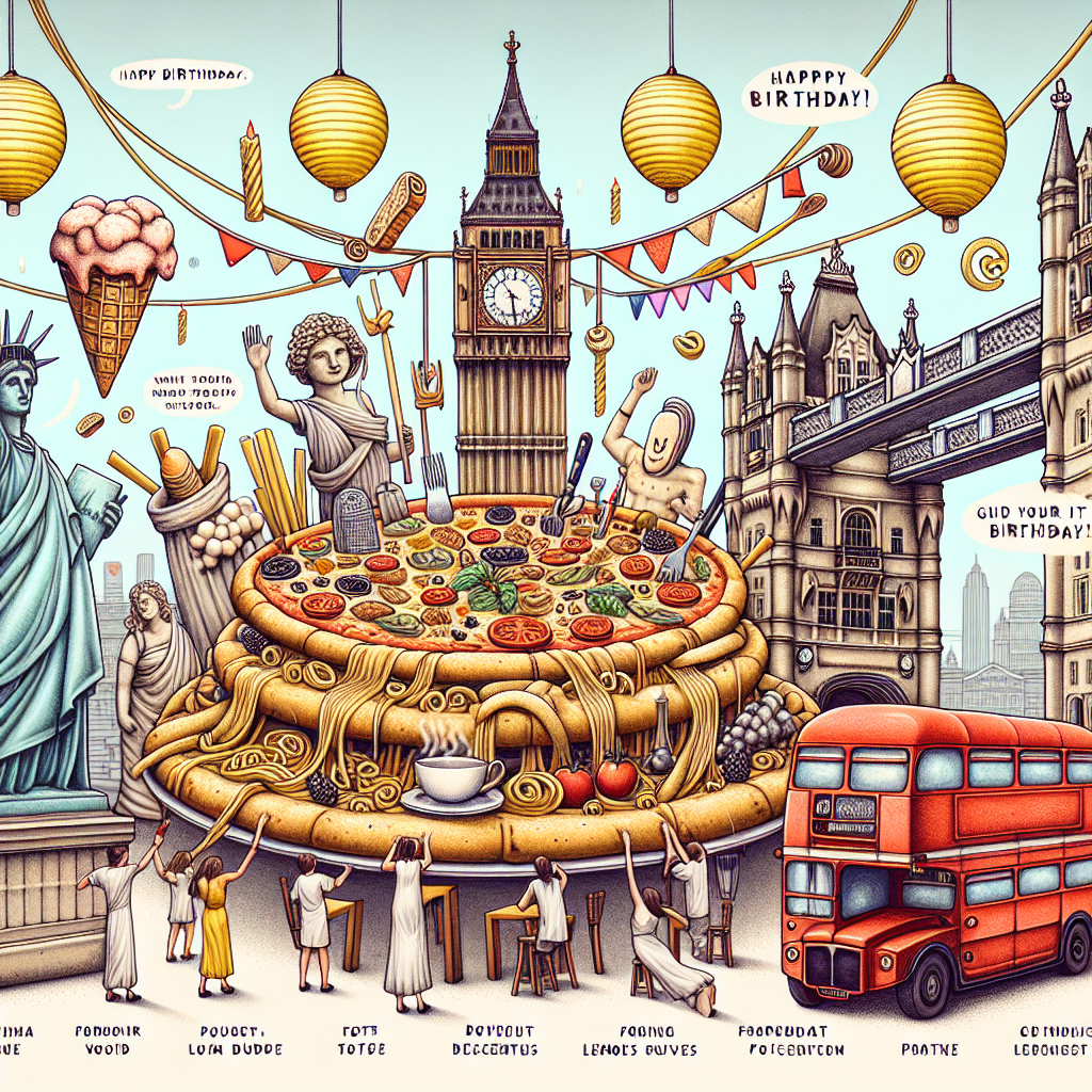 Create a surreal and whimsical illustration that celebrates a 30th birthday with motifs of Italian food, juxtaposed with famous London landmarks. Picture a colossal pizza with the clock face of Big Ben acting as the topping. Imagine Tower Bridge extending its arms to function as table legs where the birthday party is taking place. See pasta acting as streamers hanging in the air, and a red double-decker bus on a mission to deliver a tower of gelato cones. Guide your gaze to anthropomorphic Roman statues, personified to represent different genders and diverse descents, singing 'Happy Birthday'. Finally, finish it off with floating lemon lanterns styled like balloons.
Generated with these themes: Italian food, London, and 30th birthday.
Made with ❤️ by AI.