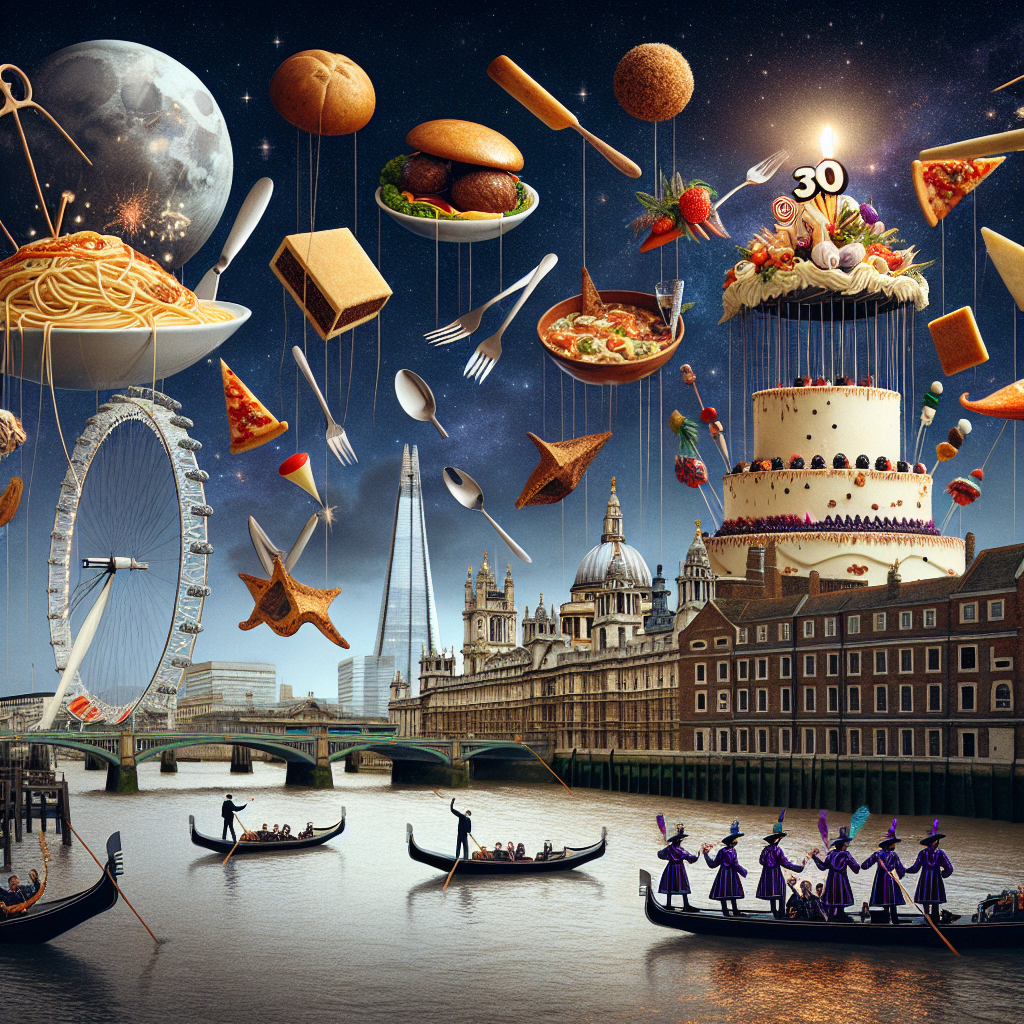 Imagine a whimsical, surrealistic birthday scene set on the Thames River. An opulent Italian meal appears to float on the river in celebration of someone's 30th year. The iconic London Eye is creatively transformed into a gigantic plate of spinning spaghetti, while its gondolas serve as enormous meatballs. The Shard is accompanied by a towering cake with a tilt reminiscent of the Leaning Tower of Pisa, wonderfully covered in a veneer of tiramisu cream. In the sky, a dazzling constellation composed of various antipasto ingredients twinkles above the dark shape of St. Paul's Cathedral, with a native birdsong provided by a chorus of masked Beefeaters sporting Venetian-style masks.
Generated with these themes: Italian food, London, and 30th birthday.
Made with ❤️ by AI.