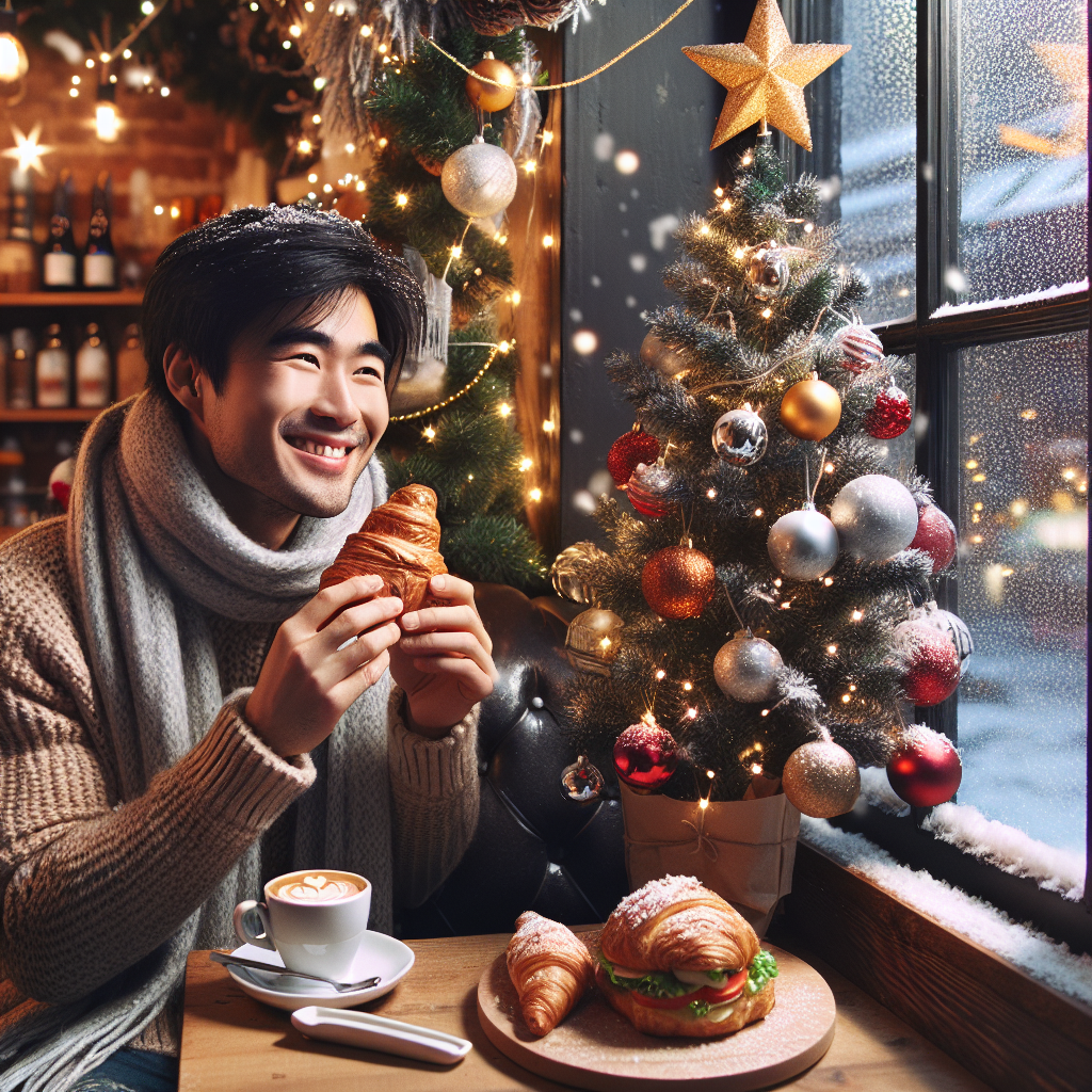 Drawing of a cozy Christmas scene inside a coffee shop with a person enjoying a croissant and sandwich next to a decorated tree.
Generated with these interests: Coffee shop, Croissant , and Sandwich.
Made with ❤️ by AI.
