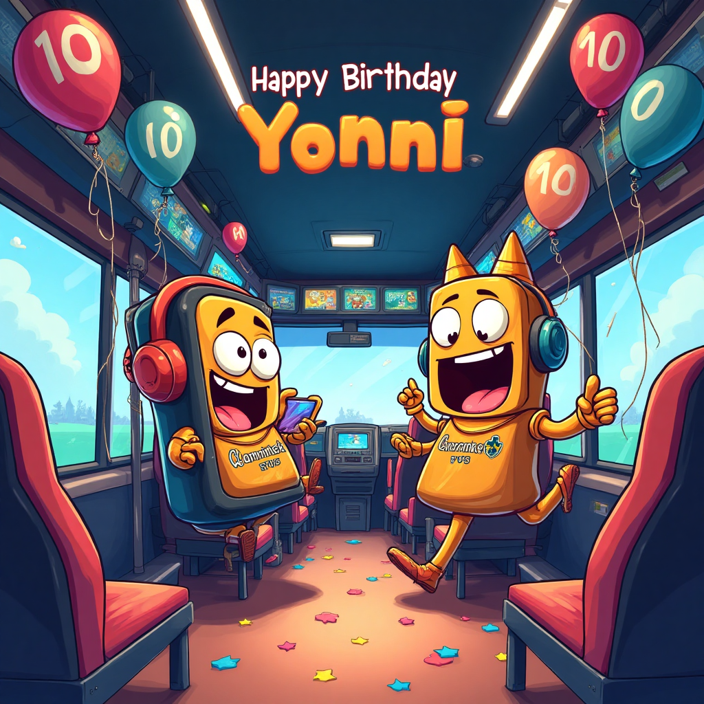 At the top of the Cartoon Style image, place the text: "Happy Birthday Yonni!"

**Scene Description:**

In the center of the image, depict a playful cartoon-style scene set inside a vibrant and whimsical gaming bus. The bus is jam-packed with colorful gaming consoles and screens flashing with games. The atmosphere inside the bus is lively and bustling with energy. 

On one side of the bus, there's a cartoonish iPhone character, with a big, expressive face and tiny legs, playing a video game on its screen, completely engrossed and wearing exaggerated headphones. 

Next to the iPhone, there’s a comically over-excited character in a Wolves Football Club jersey, jumping up and down with joy, as if they've just scored the winning goal in a virtual football match. This character is about the same height as the iPhone, with exaggerated features, like a huge grin and oversized eyes.

Scattered around the bus, there are small floating balloons with the number "10" prominently displayed on them, adding to the celebratory mood. The balloons are in bright colors, enhancing the festive and cheerful atmosphere.

At the bottom of the image, include a funny text in a playful font: "Level 10 Unlocked! Ready for new adventures!"
Generated with these themes: Iphone, Gaming bus, Age 10, Wolves football club, and .
Made with ❤️ by AI.