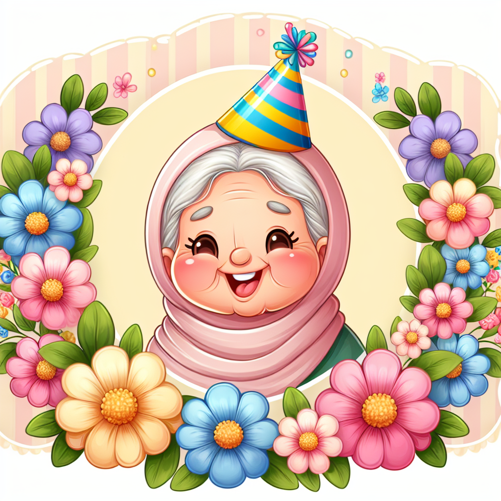 Create a charming cartoon-style birthday celebration scene. At the center, there's a lovable elderly woman of Middle-Eastern descent, grinning cheerfully. This sweet Grandma character has rosy cheeks and a warm, welcoming look. To contribute to the festive mood, she's donning a colorful party hat. The edges of the scene are adorned with cheerful flowers in soft pastel tones, seemingly dancing and swaying in joy. The largest and most radiant flower is strategically placed right behind Grandma, bounding her in an elegant halo, underscoring her as the star of the celebration.
Generated with these themes: Grandma, and Flower.
Made with ❤️ by AI.