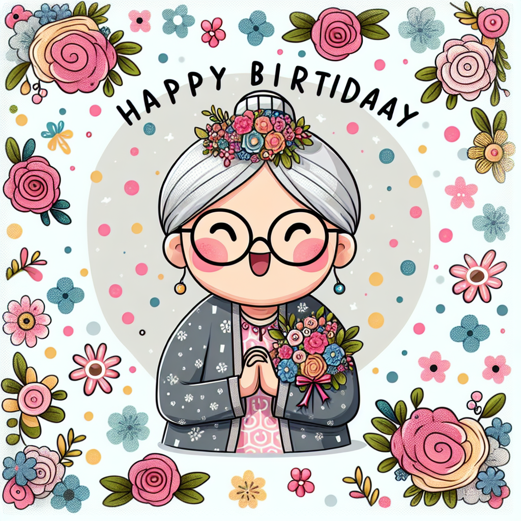 Create an image with a charming and cute cartoon style, celebrating a birthday occasion. At the center of the illustration is a South Asian grandmother, her eyes showcasing joy, clothed in a comfortable yet stylish outfit, with a corsage of birthday flowers elegantly pinned to it. The wallpaper is sprinkled with whimsical flowers, each bursting with bright hues, adding a dash of playfulness to the birthday theme.
Generated with these themes: Grandma, and Flower.
Made with ❤️ by AI.