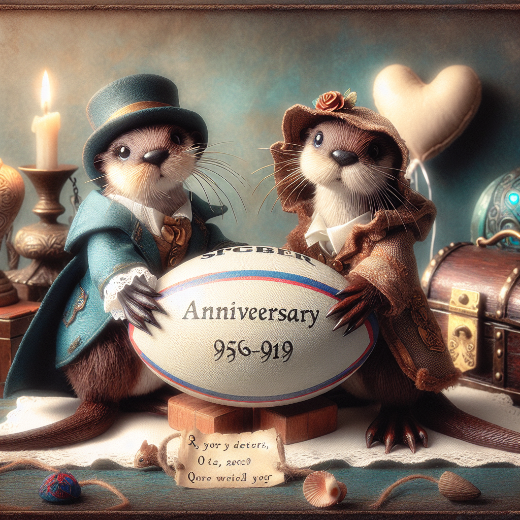 Create a whimsical scene that encapsulates an anniversary celebration. At the center of the image are two otters dressed in fantasy role-play attire, reminiscent of popular tabletop board games. They are adorably tussling over a rugby ball, invoking both a playful spirit and a nod to the sport. The date of significance is clearly etched on the ball's surface. Behind them, a heart-shaped balloon is tied to an old-fashioned treasure chest, subtly suggesting hints of adventure and a shared affection for fantasy gaming, otters, and rugby.
Generated with these themes: D&D, otters, rugby.
Made with ❤️ by AI.
