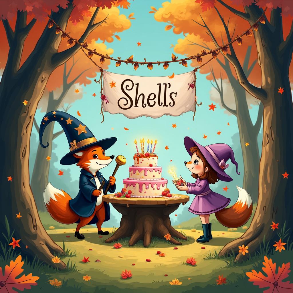In an enchanting autumn forest clearing, amber leaves gently fall from the trees, setting the scene for a whimsical birthday party in full swing. At the center of the festivities stands a charming fox, donned in a magician's hat and cloak adorned with golden, sparkling stars. He balances elegantly on two legs, holding a magical wand that emits sparkles over the birthday setup, creating a festive atmosphere. Nearby, a playful witch adds to the magic, dressed in a purple dress and a wide-brimmed hat embellished in hues of orange and red. She stirs a cauldron overflowing with colorful, magical candy—an unusual substitution for a potion.

The highlights of the party include a large, tiered birthday cake placed on a tree stump table, beautifully designed with autumn leaves, its twinkling candles resembling tiny fireflies. The icing spells out "Happy Birthday Shell" in elegant, cartoonish letters. Above, a banner crafted from woven vines and leaves stretches between two trees, proudly proclaiming "Shell's Magical Birthday Bash" in bold, artistic lettering that showcases the creativity of inspirational artists.

Enhancing the festive spirit, a broomstick-riding caricature—akin to Herge's Tintin style—writes the name "Shell" among the clouds in curly, puffing letters. A gathering of various woodland creatures, each adorned in unique, quirky attire that reflects the humor and simplicity reminiscent of Charles Schulz and Gary Larson, chat and smile around the table, adding warmth to the celebration.

Surrounding the scene are enchanted items, such as a cauldron lid keeping rhythm with a drumbeat that matches the celebration's tune, floating musical notes that animate like characters from Walt Disney's Fantasia, and autumn leaves dancing in time with the melody. The trees gleam with strings of fairy lights while small pumpkin-shaped lanterns cast a warm glow across the party area, and the ground is blanketed with a rich tapestry of red and gold leaves, creating a cozy, autumnal ambiance.

In summary, this delightful scene brings together themes of foxes, magic, witches, and the beauty of autumn, resulting in a heartwarming celebration.  
Generated with these themes: Foxes, Magic, Witches, and Autumn.  
Made with ❤️ by AI.