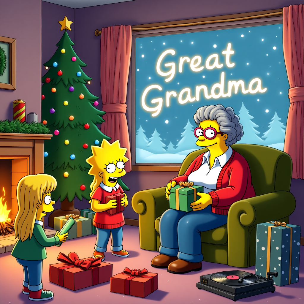 In this vibrant Simpsons-style Christmas card scene, we find a cozy living room filled with delightful holiday chaos. The room is softly lit by a glowing fireplace, with its mantel adorned with holly and twinkling fairy lights. On the plush, olive-green sofa sits a plump lady in her late 70s, her short, curly gray hair giving her a charming, matronly look. She's wearing a festive red cardigan over a white blouse, and she has an inviting, warm smile. Beside her, the two little girls, both aged 7, are engrossed in wrapping presents. The first girl, with long, golden blonde hair and a pair of pink, rounded glasses perched on her nose, is focused on taping a neatly wrapped gift. Her twin sister, with equally long, flowing blonde hair, is giggling as she struggles with an oversized roll of shiny, green wrapping paper. 

Scattered around the room are various holiday decorations: a tall Christmas tree stands majestically in the corner, covered in colorful ornaments and a star that seems almost to touch the ceiling. Beneath the tree, boxes of all sizes are wrapped in bright red and gold paper with large bows. In the background, a classic record player softly spins an old vinyl, its needle gliding smoothly as holiday tunes fill the air. 

The most creative element of the scene is the large window behind them, where the words "Great Grandma" appear magically written in the snowy frost, sparkling as if etched by the hands of the holiday spirit itself. Outside the window, the snow gently falls, blanketing the world in a serene white. This clever inclusion of the recipient’s name is both personal and heartwarming, ensuring that Great Grandma feels truly celebrated in this lively Christmas tableau.
Generated with these themes: Plump Lady in her late 70s with short hair alongside two little girls aged 7 with long blonde hair, one girl wears glasses. In the Art style of the Simpsons..
Made with ❤️ by AI.