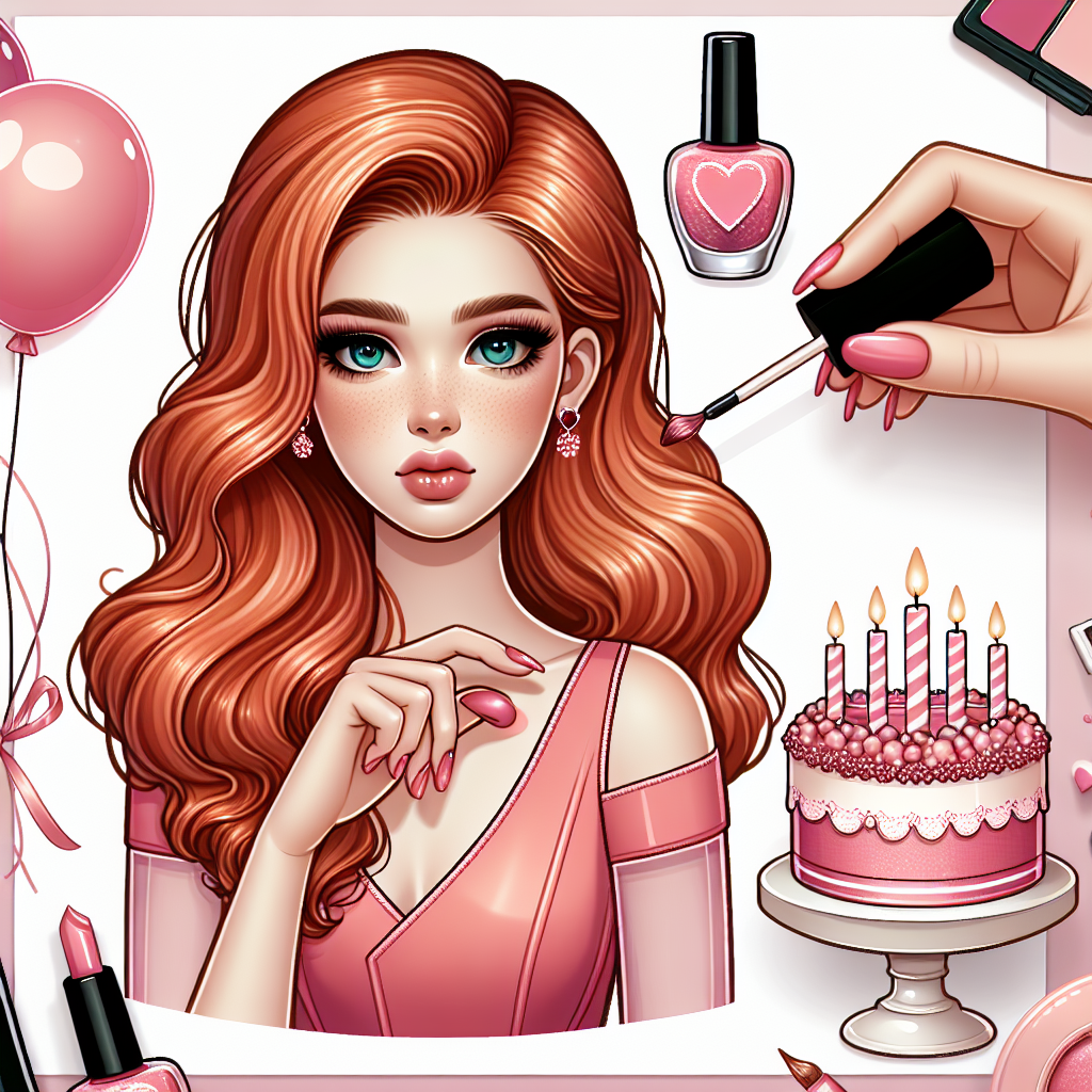 Create a birthday-themed illustration of a Caucasian girl with ginger hair mirroring the elegance of a fashion doll. She is wearing a pink dress and holds a bottle of nail polish, meticulously applying makeup. Around her, pink balloons subtly float in the air. A birthday cake with candles, symbolising celebration, adorns the space nearby, bringing together the cute, festive atmosphere.
Generated with these themes: Make up, Nail varnish , Pink, Barbie, and Ginger hair.
Made with ❤️ by AI.
