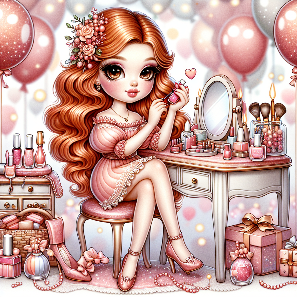 A charming festive-themed illustration presents a doll-inspired character with flowing ginger hair, sitting at a rose-coloured dressing table decorated with a range of beauty accessories. The character, exudes radiance, painting her nails with glossy rose-hued varnish amidst an environment of balloons and a celebratory ambiance.
Generated with these themes: Make up, Nail varnish , Pink, Barbie, and Ginger hair.
Made with ❤️ by AI.