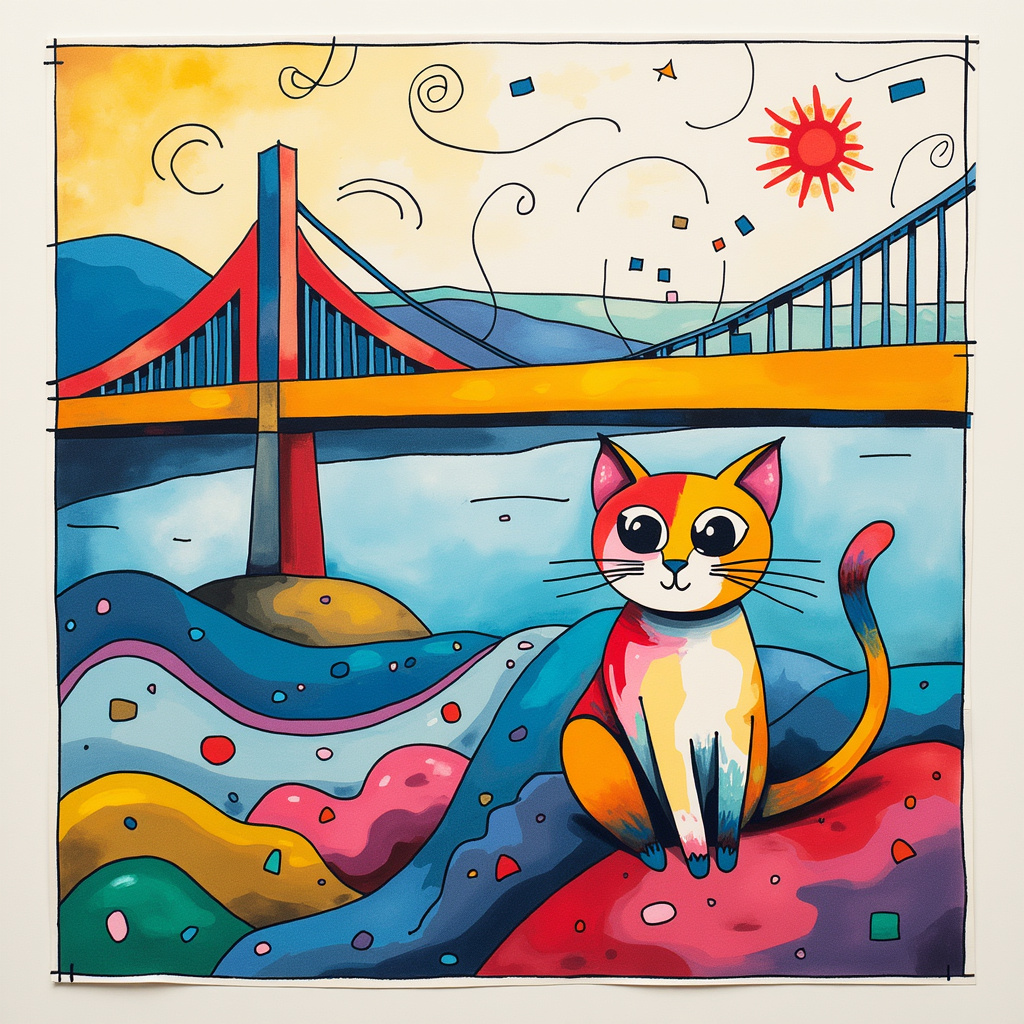Picture a card that bursts into life with vibrant splashes of color and whimsical abstraction. In the background, a playful, abstract version of Dundee's famous Tay Rail Bridge stretches across the card, represented by bold, geometric lines inspired by Mondrian. The bridge’s interlocking segments are composed of primary colors, giving a nod to both Mondrian and Malevich, and it spans a dreamy, Pollock-esque sea of swirling blues and whites.

In the foreground, a cuddly, abstracted cat takes center stage, reminiscent of Miró’s playful forms. The cat is made up of a mix of soft pastels and bold lines, its eyes wide and sparkling, each eye a different shape and color. The fur is a swirling mix of Pollock-like splatters and Rothko-inspired color blocks, creating a mesmerizing, tactile effect.

To the left, in the style of de Kooning, there’s an abstracted baby crib – it's more suggested than explicitly drawn, with curving, looping lines creating a cozy, welcoming nest of soft colors. Hanging above the crib, like a mobile, are iconic symbols from "The US Office." There’s a tiny Dundie Award, a miniature stapler (hinting at the infamous Jell-O prank), and a world’s best boss mug. Each of these symbols is delicately outlined with Twombly’s signature scribbles, adding layers of whimsy and charm.

In the sky, instead of stars, there are little abstract shapes and doodles, inspired by Cy Twombly’s loops and swirls, interspersed with soft, Rothko-esque rectangles that seem to float gently in the air, giving a sense of wonder and magic.

The entire scene is framed by an Agnes Martin-inspired border of thin, delicate lines that add a sense of structure and cohesion to the otherwise playful and dynamic composition. This abstract yet narratively rich scene perfectly captures the joy and excitement of welcoming a new baby, with a delightful mix of cultural references and artistic influences.
Generated with these themes: Cat, The US office, and Dundee.
Made with ❤️ by AI.