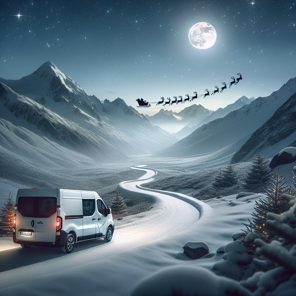 On this tranquil Christmas scene, a white Renault Master is depicted driving away into the horizon on a winding mountain path enveloped in snow. The landscape is quietly illuminated by moonlight, while above, the unmistakable silhouette of Santa's sleigh, escorted by his reindeer team, crosses the star-lit sky.
Generated with these themes: white renault master driving away in the distance, windy road through snowy mountains in moonlight, santa sleigh oulled by reindeer flying overhead.
Made with ❤️ by AI.