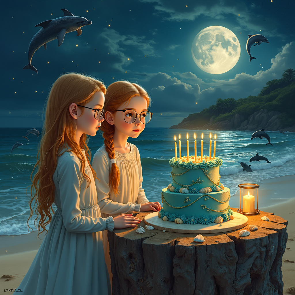 Beneath a shimmering, star-studded sky with a full moon casting a silver glow over the tranquil beach, two sisters stand side by side. Lizzie, the 13-year-old, with long, straight blonde hair that cascades down her back like a waterfall of spun gold, wears round, delicate glasses that catch the moonlight. Her sister, Pippa, with her ginger hair meticulously braided and tied with a ribbon, also sports glasses that glint mischievously in the night. They are both gazing at an ornate birthday cake perched upon a driftwood table adorned with seashells and tiny lanterns.

The cake itself is a masterpiece—frosted in shades of blue and green, mirroring the hues of the sea and adorned with intricate sugar sculptures of dolphins leaping joyfully through waves. Flickering fireflies, like tiny floating lanterns, illuminate the night air around them, adding a magical touch to the scene.

Behind the sisters, a dark, majestic dragon with iridescent scales stands guard, its eyes reflecting the moonlight. Its wings are folded neatly, yet its presence is undeniable, exuding an aura of ancient wisdom and strength. Not far from the dragon, a pod of dolphins dances in the moonlit surf, their sleek bodies cutting through the water with effortless grace.

Above, the moon and stars create a celestial tapestry, while on the shore, the waves gently lap at the sand, creating a soothing rhythm. The night is alive with the gentle hum of nature and the silent promises of mythical creatures. This serene yet awe-inspiring scene is a perfect blend of realism and fantasy, capturing the essence of a special birthday celebration under the moonlit sky.
Generated with these themes: Mythical creatures, Blue, Green, Long straight BLONDE hair Lizzie glasses 13 year old sister, GINGER braided hair Pippa glasses 10 year old sister, Birthday cake, Fire flies, Night time, Moon, Stars, Beach, Dolphins, Dragon, Realistic, and Not cartoon.
Made with ❤️ by AI.