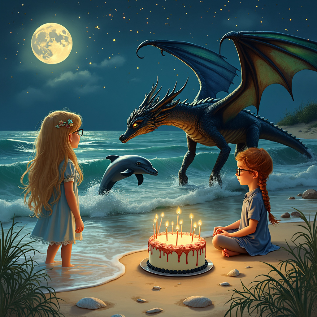 Under the soft luminescence of a full moon that casts its silvery glow upon the tranquil beach, the scene reveals a picturesque night framed by stars twinkling like diamonds. On the left side of the card, Lizzie, the 13-year-old sister with long, straight blonde hair cascading like a golden waterfall, stands in knee-deep water, her glasses catching the moonlight. Her eyes widen in awe as a sleek, majestic dolphin leaps out of the water beside her, droplets sparkling like tiny fireworks.

Nearby on the sandy shore, Pippa, the 10-year-old sister with ginger braided hair, also sporting glasses, is seated cross-legged. She gazes skyward, her attention captured by a swarm of glowing fireflies that dance around her, creating a halo of ethereal light. Behind Pippa, an intricately decorated birthday cake rests on a flat rock, its frosting mirroring the shades of the night—deep blues and emerald greens. The candles on the cake flicker, seemingly whispering secrets to the wind.

In the background, the scene takes a fantastical turn. Emerging from the rolling waves, a dragon with iridescent scales of midnight blue and verdant green spreads its wings, which shimmer like an opal under the moonlight. Its eyes are gentle, not menacing, watching over the sisters as a guardian of the night. 

Further up the beach, a delicate path of shells and starfish leads to a grassy dune where the fireflies ascend and blend into the sky, joining the constellations. Each element, from the mythical creatures to the natural beach, ties together to form a stunningly realistic and magical birthday scene, brimming with wonder and enchantment.
Generated with these themes: Mythical creatures, Blue, Green, Long straight BLONDE hair Lizzie glasses 13 year old sister, GINGER braided hair Pippa glasses 10 year old sister, Birthday cake, Fire flies, Night time, Moon, Stars, Beach, Dolphins, Dragon, Realistic, and Not cartoon.
Made with ❤️ by AI.