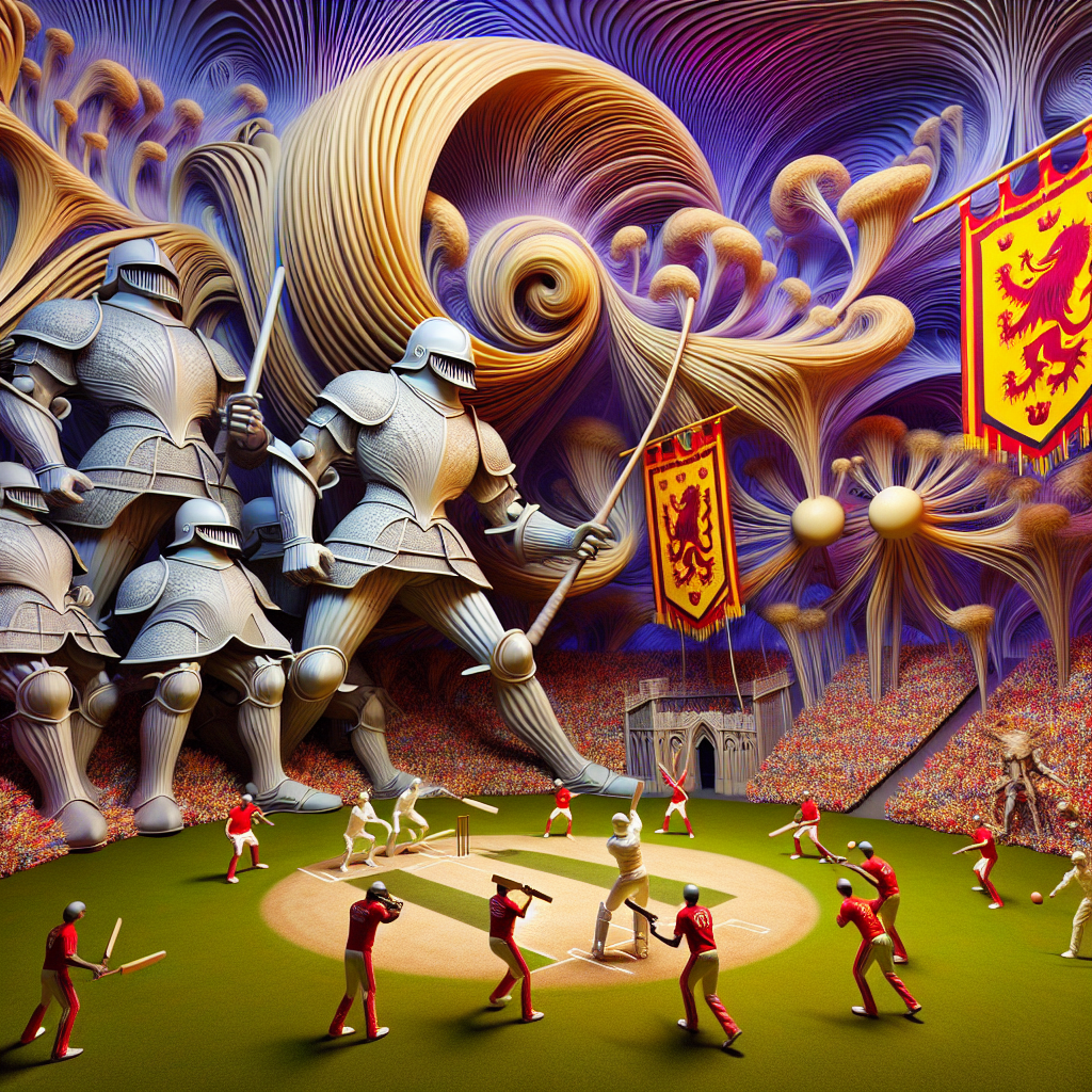 Visualize a scenario where the fantastic and the realistic come together in a surrealistic manner during a birthday party. In the center of this lively celebration, fictional armored warriors that look similar to war-themed figurines serve as guardians, their imposing figures intricately depicted in the scenic tableau. Recognizable symbols related to a popular English football team are represented in banners hanging on the walls, their vivid red and golden colors flowing amidst otherworldly whirls and colossal dandelion-like structures. Party attendees are engrossed in an unusual version of a cricket game, their sports equipment inexplicably twisting and turning mid-air, creating the illusion of a mystifying play frozen in time.
Generated with these themes: Warhammer dark angels , Liverpool football club, and Cricket.
Made with ❤️ by AI.
