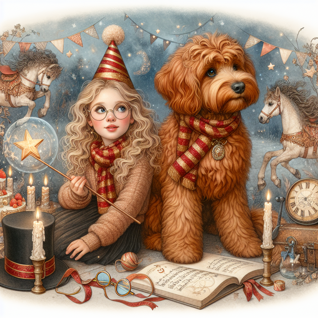 A whimsical birthday illustration portrays a fiery-red Cavapoo dog seated next to a young girl, recognisable by her blonde curly hair and a red and gold striped scarf. Both are amidst festive decorations indicative of a birthday celebration. Subtle magical elements, including a wooden wand, round glasses, and a striped scarf are woven into the decor, manifesting a fantasy universe. In the soft edges of the scene, horses of magnificent stature grace the environment, reflecting the grace of a magical realm. To perfect the ambiance, notes from an unidentified melodious song float through the air, enhancing the atmosphere with a musical spell.
Generated with these themes: Ginger cavapoo, Girl with blonde curly hair, Birthday, Harry potter, Horses, and Taylor swift.
Made with ❤️ by AI.