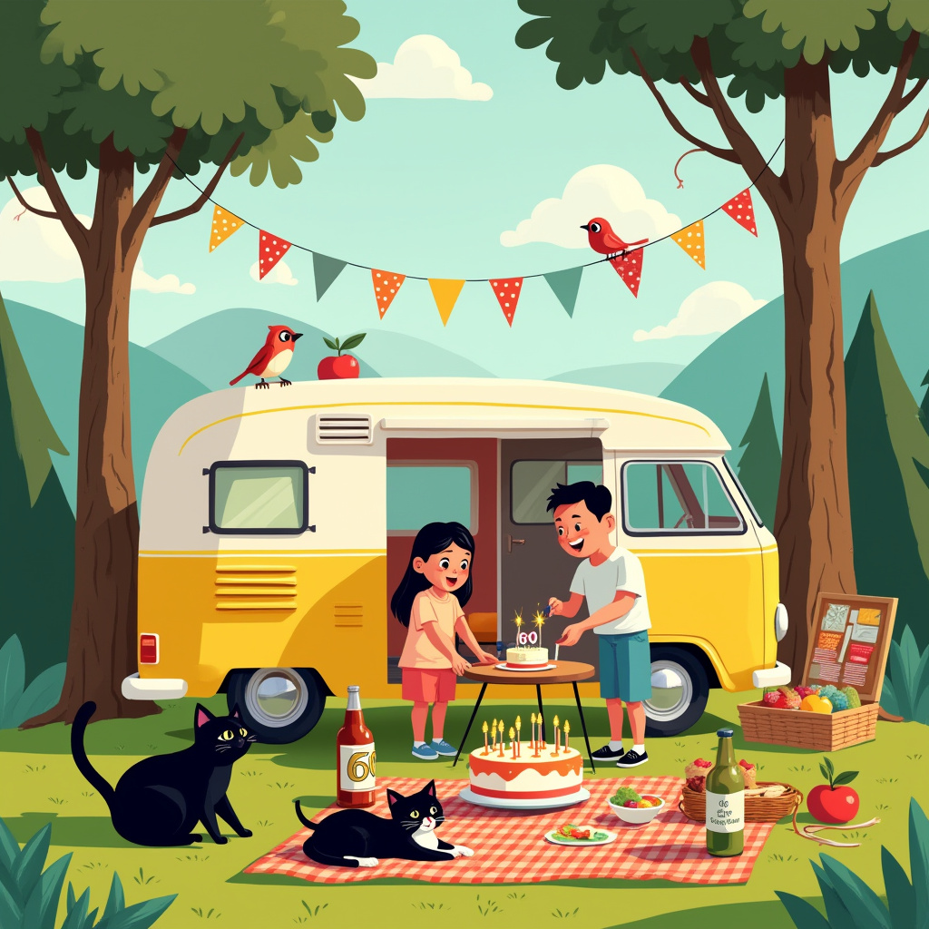 The greeting card's front cover bursts with whimsy and vibrant colors, capturing a sunny afternoon at a quaint campsite nestled in a lush, green forest clearing. At the center of the scene is a charming, retro-styled camper van, reminiscent of the 1960s, painted in a cheerful pastel yellow with white racing stripes, parked slightly askew on the soft, grassy ground. It's surrounded by a lively family, the parents in their late 50s, smiling and animated as they organize a small, round picnic table. The table is laden with plates of sandwiches, bowls of fruit, and a large, festive birthday cake, topped with a bold, shimmering "60" in gold candles, hinting at the milestone celebration.

On one side of the table, a black cat, sleek and with a mischievous glint in its eyes, playfully bats at a dangling piece of ribbon that's managed to escape the gift pile nearby. Not to be outdone, a black and white cat, sporting a distinctive half-mustache pattern, has commandeered a patch of sunlight, sprawled contentedly next to an open bottle of cider resting on a red-checkered blanket. The cider bottle has an illustrated label of a smiling apple and appears to have been opened recently, bubbles still visible inside.

In the backdrop, gentle hills roll into the distance, and fluffy clouds pepper the sky. The trees around the campsite are tall and majestic, their leaves whispering softly in the breeze. A few decorative bunting flags, in polka-dot and striped patterns, drape from the van to the trees, adding a touch of festivity. Off to the right, a little distance away, a vintage-style picnic basket with its lid open reveals an assortment of picnic goodies. In the top left corner of the scene, a pair of friendly birds perched on a branch seem to be enjoying the festivities as much as the family below. The whole scene is a delightful tapestry of celebration, nature, and warmth, echoing influences from classic cartoon styles with a touch of humor and nostalgia.
Generated with these themes: Camper van, Family, Black cat , Black and white cat , Cider, and 60th birthday .
Made with ❤️ by AI.