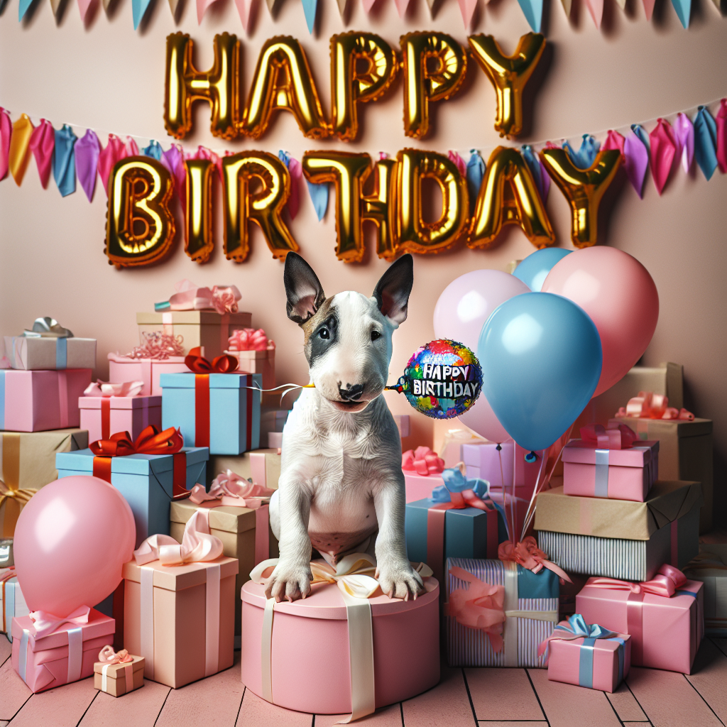 An adorable illustration shows a Bull Terrier pup amidst a pile of presents, clutching a birthday balloon with its mouth. Streamers drape across the scene, and 'Happy Birthday' is spelled out in playful, balloon-style letters above.
Generated with these themes: Bull Terrier  .
Made with ❤️ by AI.