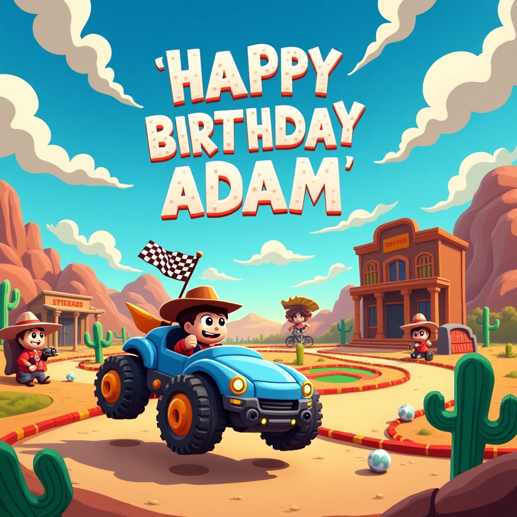 In the whimsical universe of Adam's birthday card, a vibrant, cartoonish scene unfolds. The setting is a fantastical, imaginative landscape combining elements of Rocket League, mini-golf, and the wild west. In the foreground, a playful anthropomorphic car reminiscent of Rocket League vehicles zooms through the scene. It's equipped with over-the-top rocket boosters, sending it soaring over a quirky mini-golf course. This course features colorful, winding tracks with exaggerated obstacles, like a loop-de-loop cacti and spinning windmills, akin to a Rube Goldberg machine.

In the background, there's a charming, old-timey Wild West town with saloon doors swinging open and a mini-golf hole located inside an oversized cowboy boot. The sky above is a brilliant azure, where a flock of clouds has playfully shaped themselves into a giant "HAPPY BIRTHDAY ADAM," with the letters whimsically stretching across the sky. Each letter is carefully crafted from fluffy cloud textures, giving them a playful, dreamy look.

Around the scene, cartoon characters dressed as cowboys, complete with tiny hats and boots, cheer Adam on as he attempts to navigate his Rocket League car through the tricky course. One of the characters holds a checkered flag, ready to wave as Adam triumphantly sinks a hole-in-one into the oversized boot. Nearby, a mischievous little golf ball with a cheeky face and cowboy hat winks at Adam, adding to the scene's charm. The vibrant colors, dynamic motion, and joyful chaos combine to create an unforgettable birthday greeting card cover that captures the imagination and playful spirit of Adam’s special day.
Generated with these themes: Rocket league, Mini golf, and West gam.
Made with ❤️ by AI.
