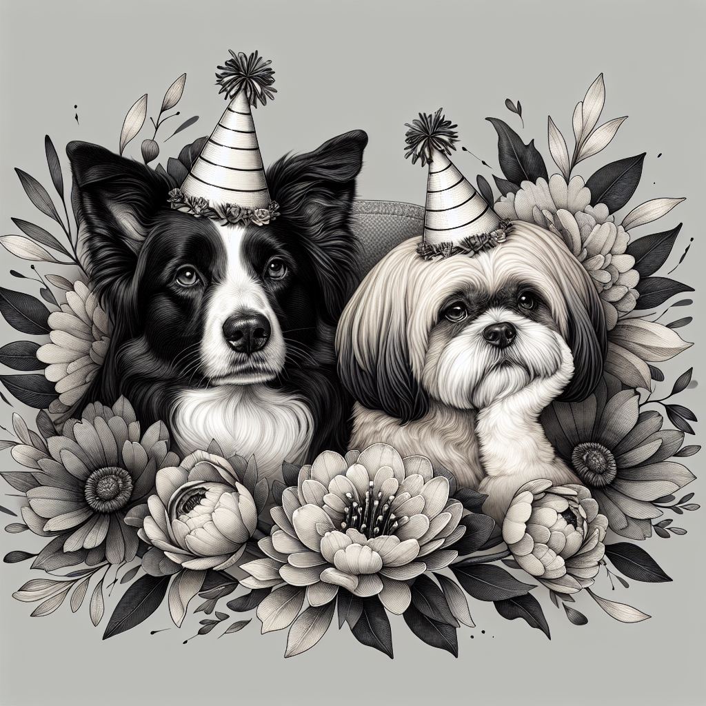 Create an image that captures a solemn birthday-themed illustration. The highlights of the image are a black and white Border Collie and a pensive beige Shih Tzu, both poised and wearing tiny party hats that juxtapose the festive theme with their contemplative expressions. The dogs are encased within a delicate floral border with a monochromatic palette. Each petal and stem of the floral motifs are outlined with an ethereal finesse set against a soft, grey backdrop.
Generated with these themes: Black and white Border collie, and Beige shih tzu.
Made with ❤️ by AI.