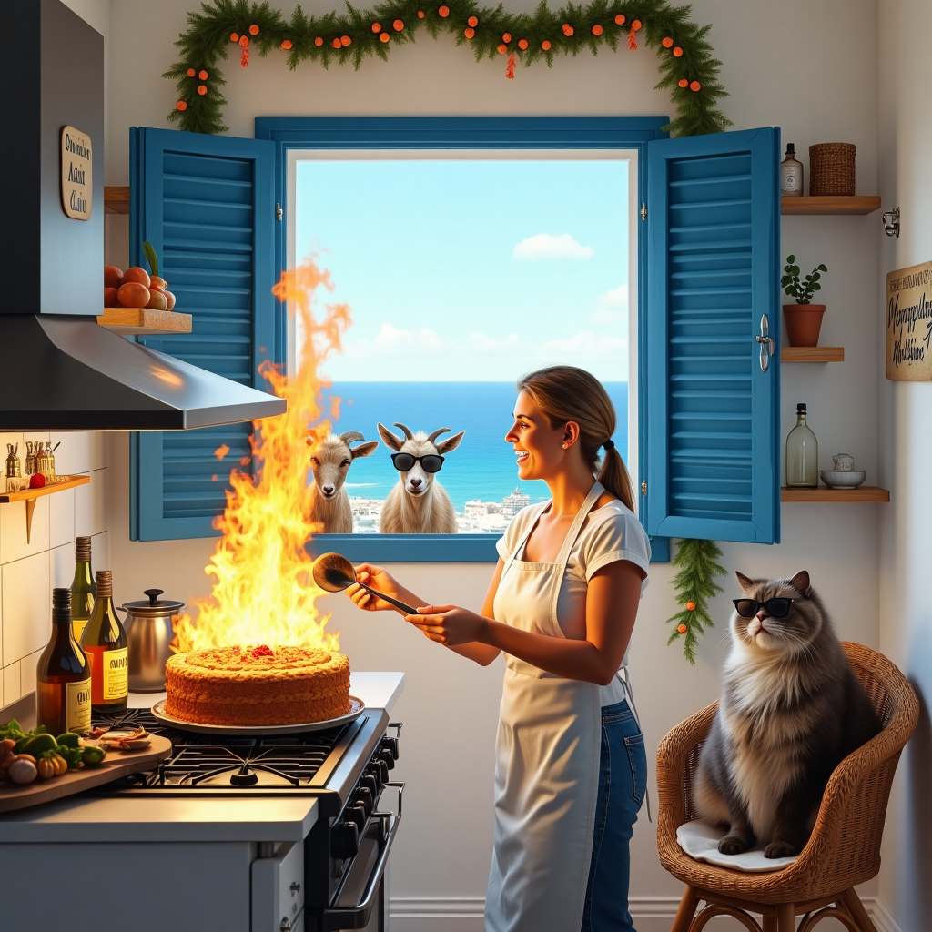 At the top of the realistic photograph image, "Happy Birthday, FT — The Greek God(dess) of Grills & Giggles!"

A realistic photograph capturing a sunny, white-washed Greek island kitchen, with blue shutters flung open to reveal a view of the Aegean Sea. In the cozy kitchen, FT (an enthusiastic, apron-clad home chef) is dramatically flambéing a giant birthday cake on a stove that looks suspiciously like it’s fueled by ancient myths. Olive oil bottles are labeled "Ambrosia" and a stern-looking cat in sunglasses is supervising from a wicker chair. Hanging above: garlands of garlic and a cheeky sign that says, "My Big Fat Greek Kitchen." A few local goats are peeking in through the window, clearly waiting for a slice. The mood is vibrant, warm, slightly chaotic — and hilarious.
Generated with these themes: Great cook, Cozy house, and Greece.
Made with ❤️ by AI.