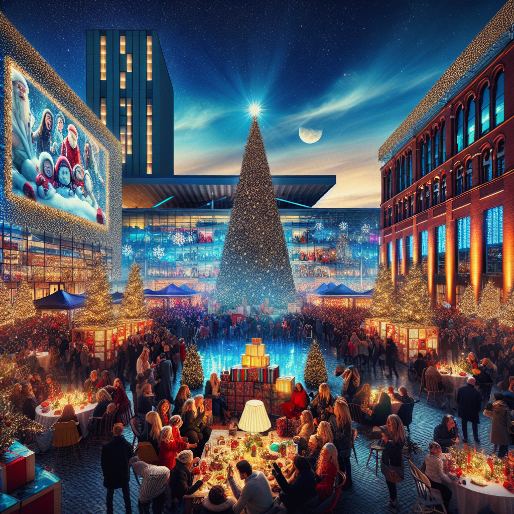 Giant TV screen with Christmas scene on it , Christmas tree , Manchester , Media city , Illuminations , Presents , Christmas party with food , and Candy canes Christmas Card