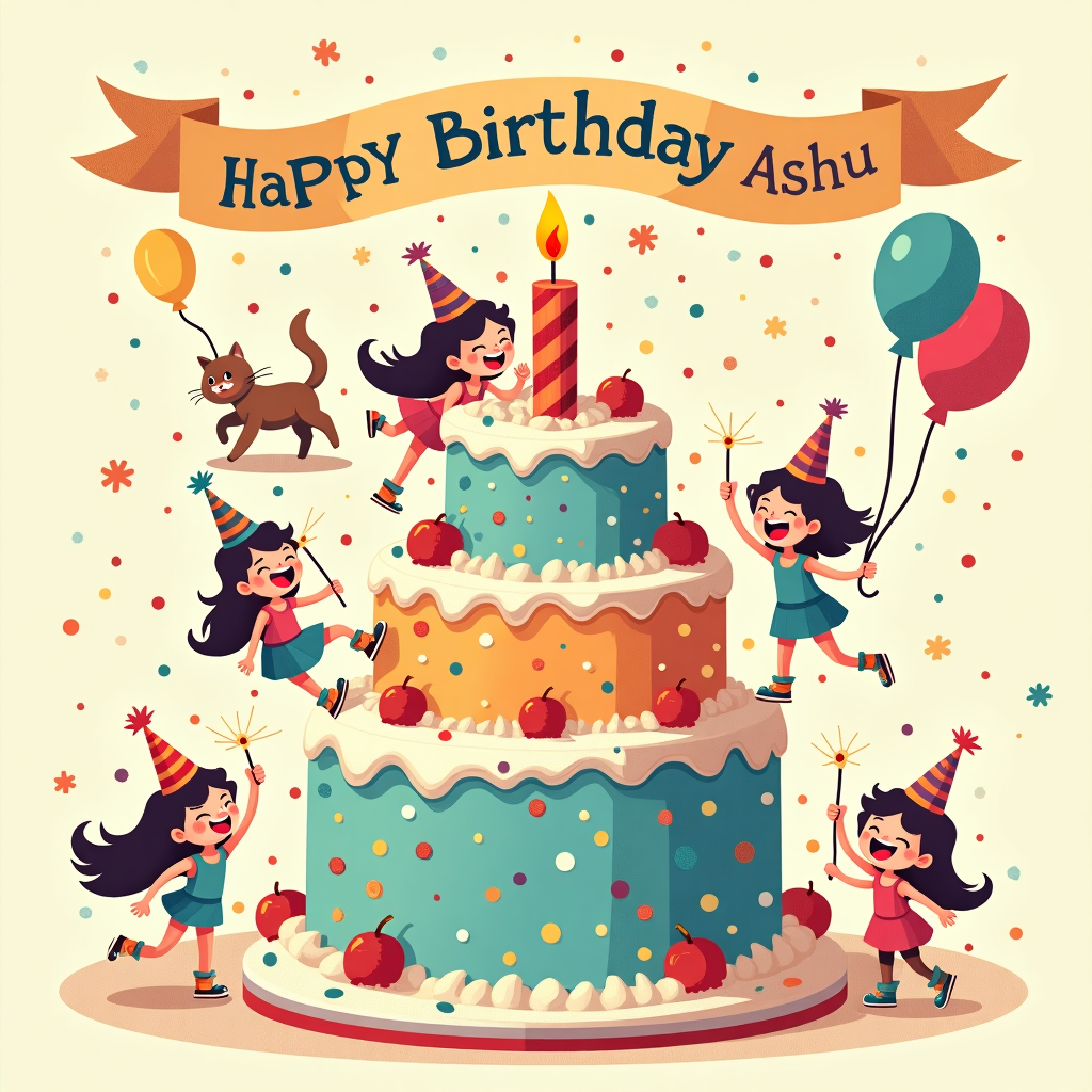 At the top of the vector image, “Happy Birthday Ashu – You're the icing AND the drama on the cake!”

A funny vector image in bright, bold colors featuring a chaotic birthday party scene: a huge, multi-tiered birthday cake has a group of animated, giggling girls in party hats climbing all over it. One is stuck halfway in the frosting, another is mock-fencing with a giant candle, while another girl triumphantly waves a sparkler at the top tier like a flag on a mountaintop. Confetti is flying, a cat in the background is running away with a balloon tied to its tail, and a banner overhead flutters with cupcake illustrations. Everything is slightly exaggerated and whimsical, evoking playful birthday madness and laughter.
Generated with these themes: Birthday cake with girls.
Made with ❤️ by AI.